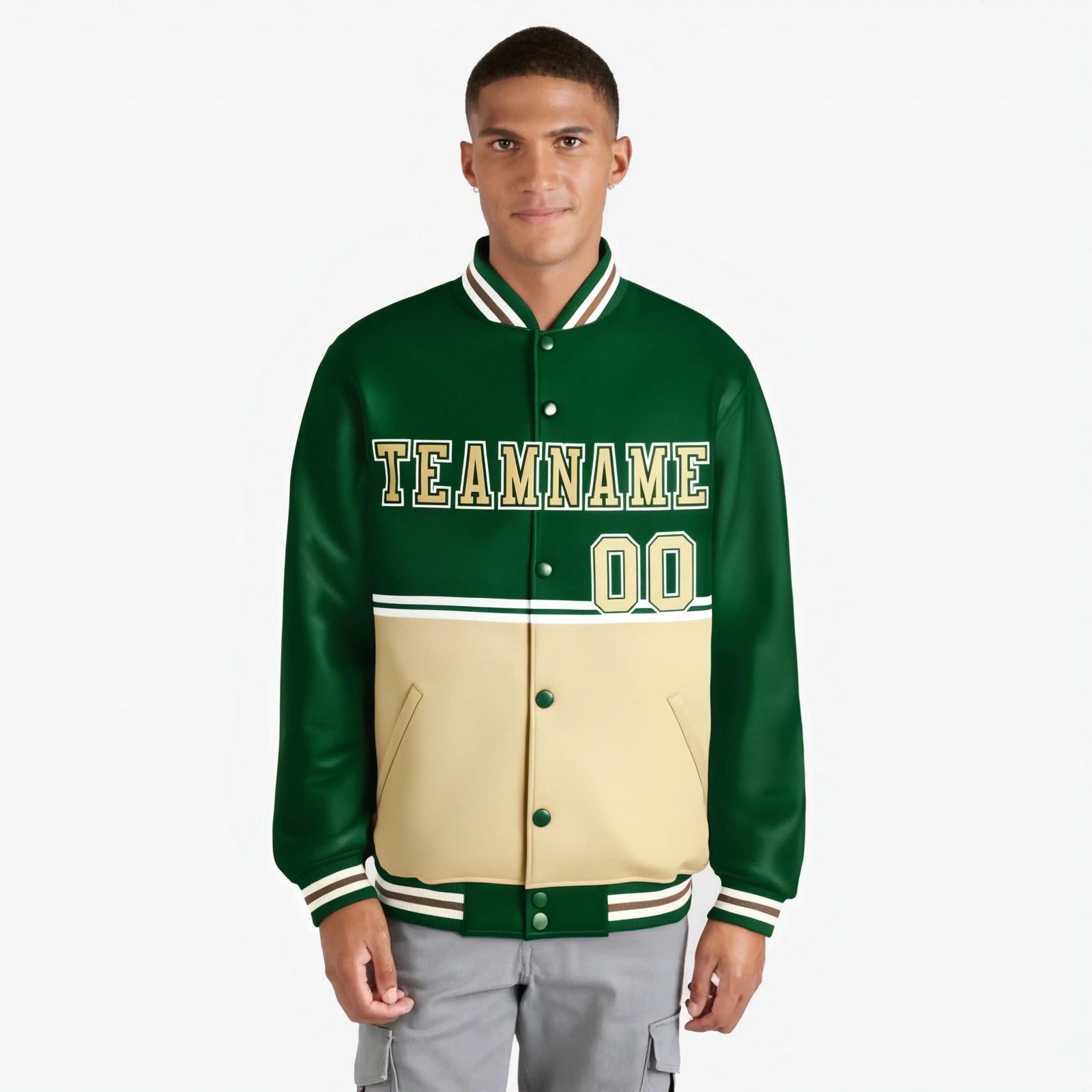 Custom Green Cream-Green Varsity Full-Snap Letterman Color-Matching Split Fashion Jacket