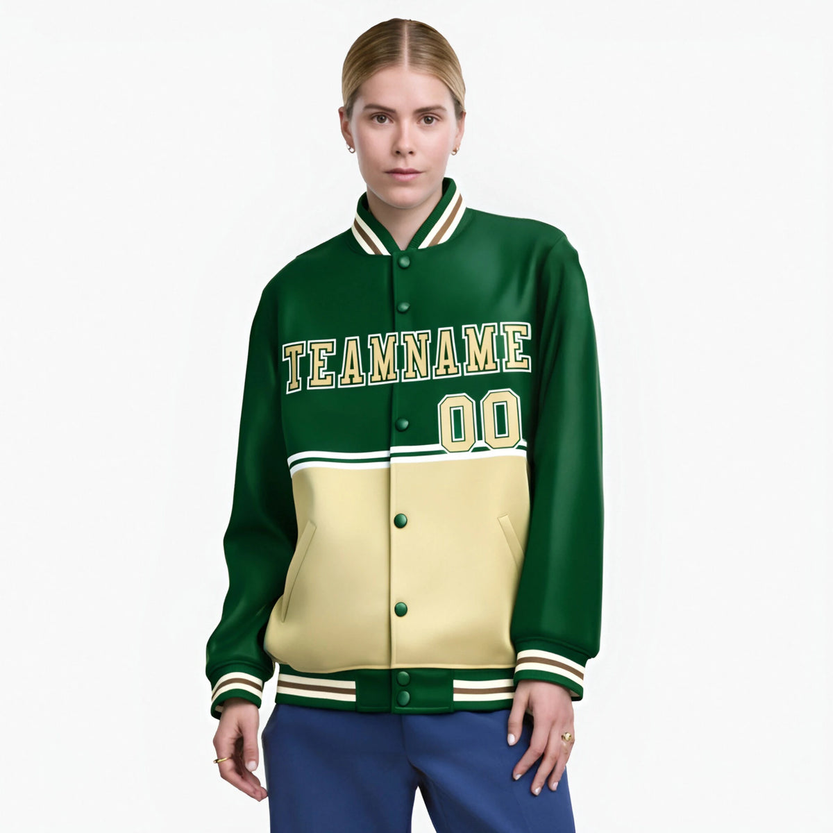 Custom Green Cream-Green Varsity Full-Snap Letterman Color-Matching Split Fashion Jacket