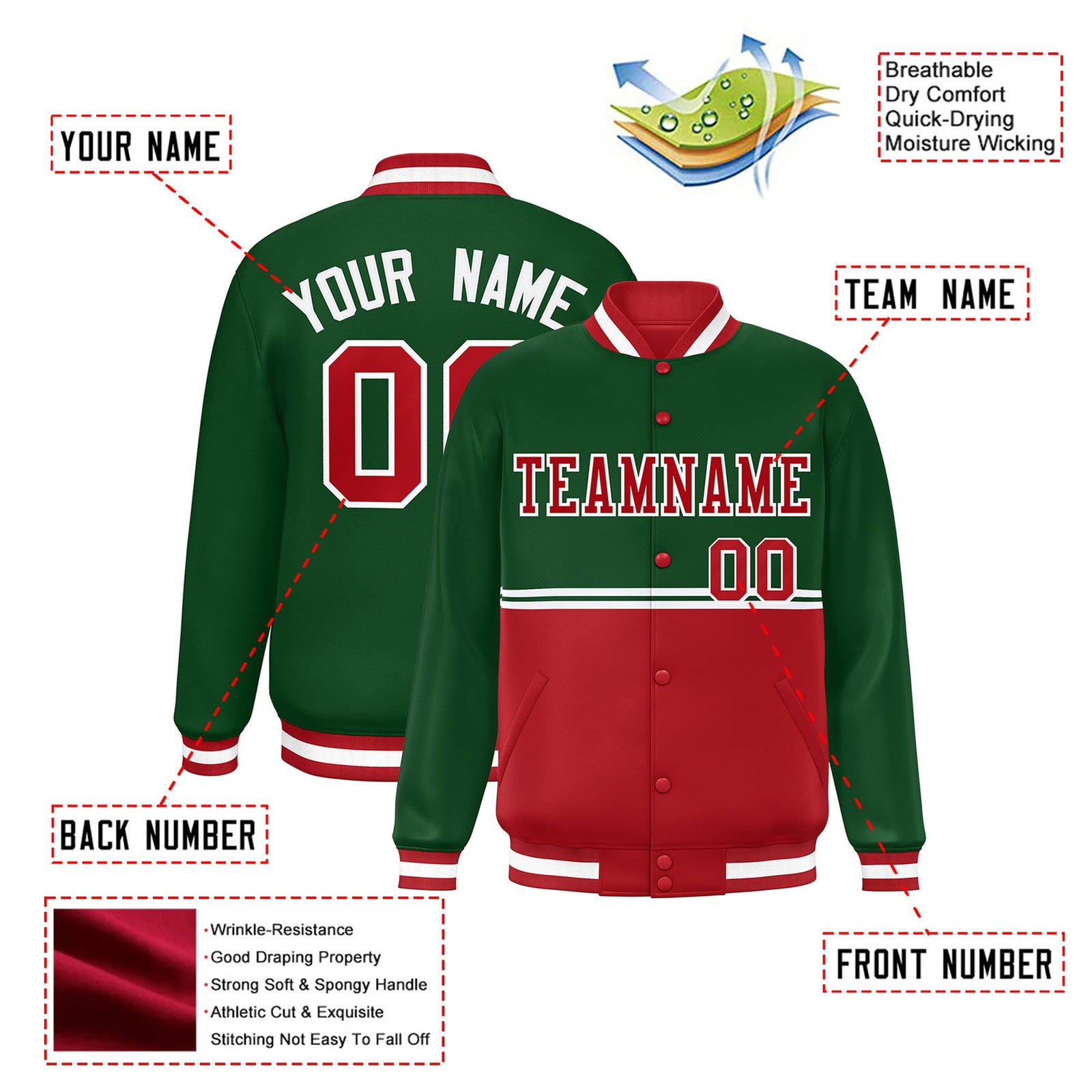 Custom Green Red-Green Varsity Full-Snap Letterman Color-Matching Split Fashion Jacket
