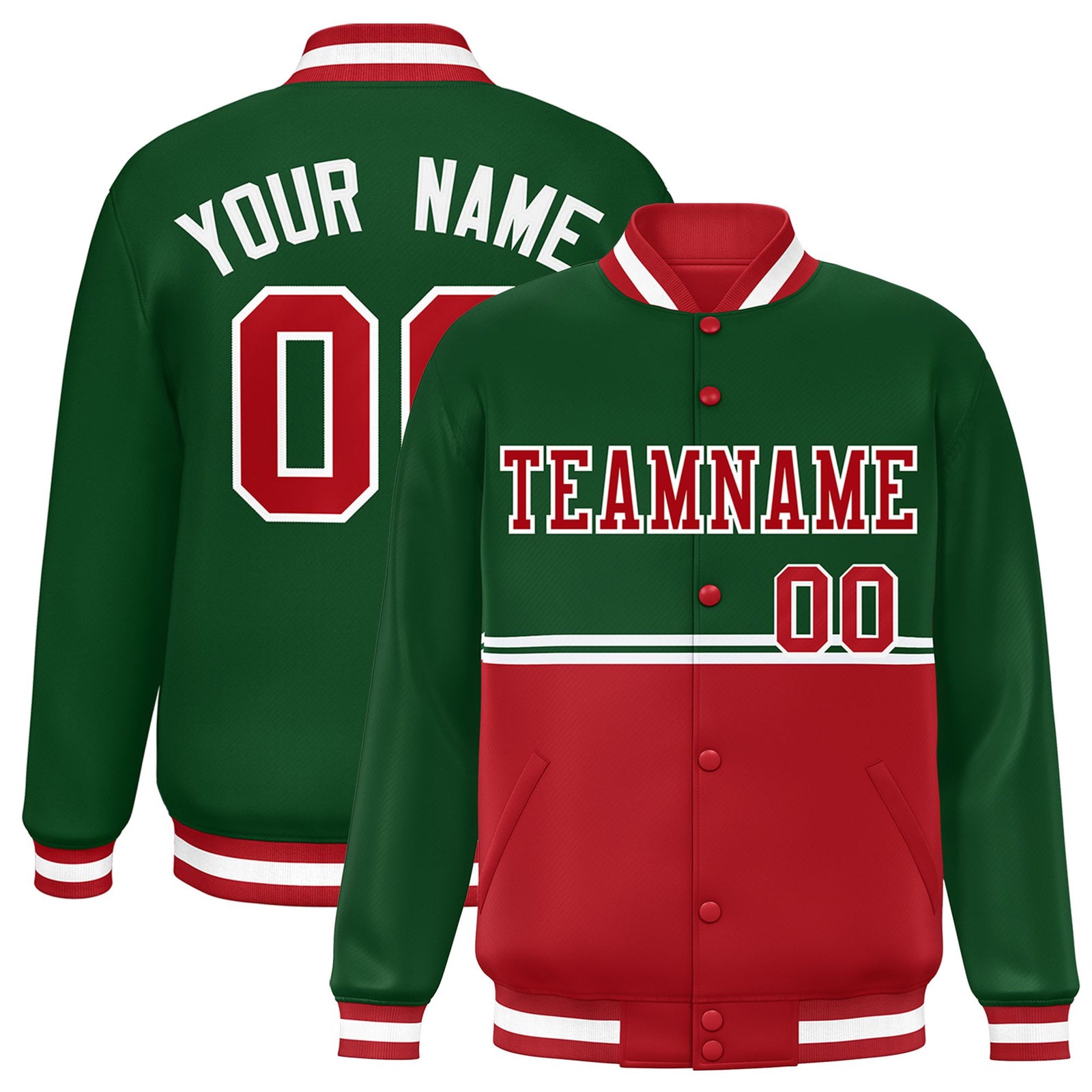 Custom Green Red-Green Varsity Full-Snap Letterman Color-Matching Split Fashion Jacket