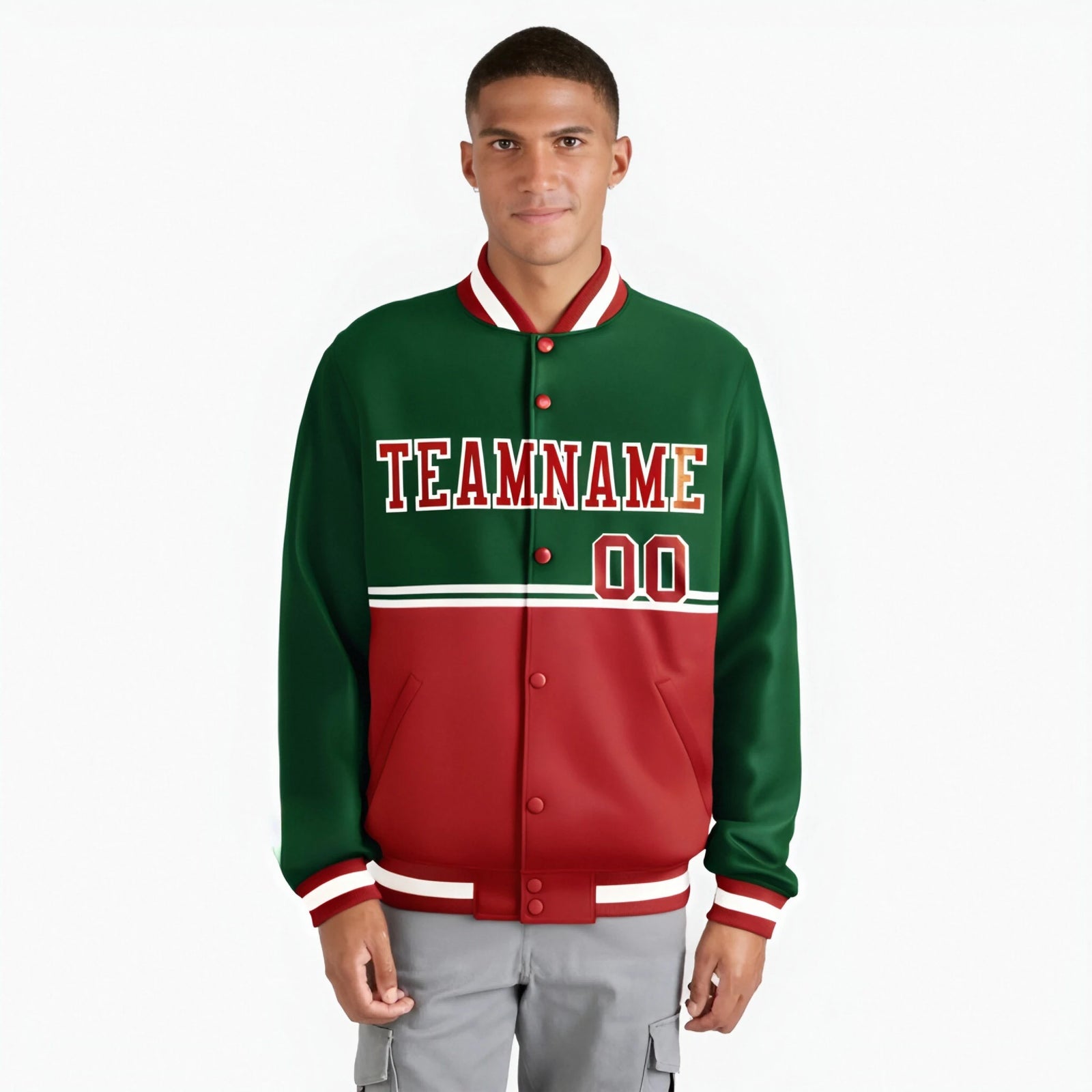 Custom Green Red-Green Varsity Full-Snap Letterman Color-Matching Split Fashion Jacket