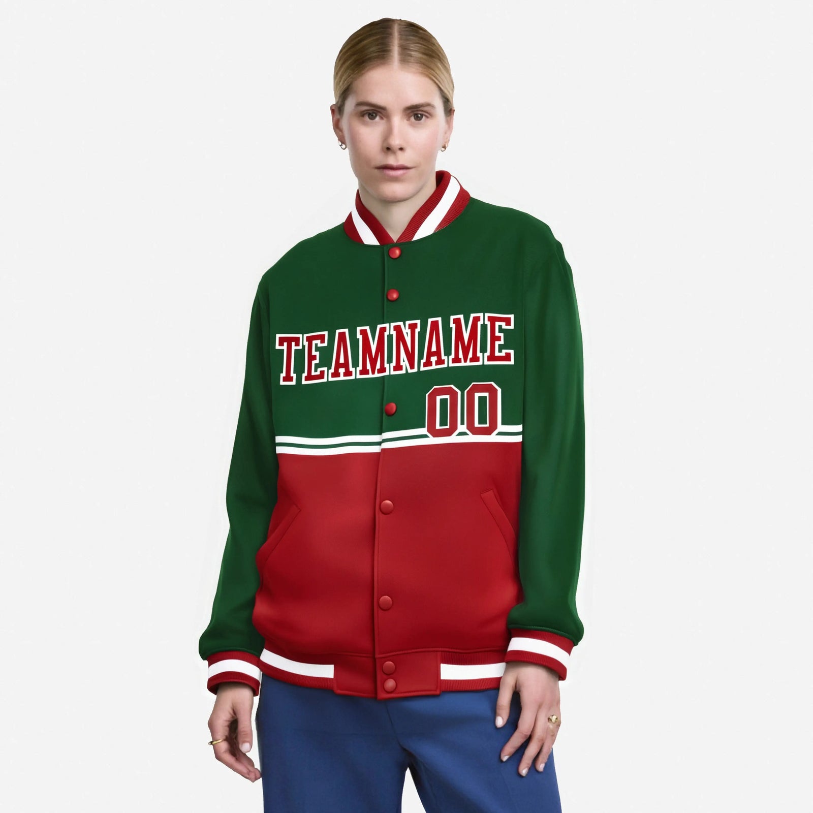 Custom Green Red-Green Varsity Full-Snap Letterman Color-Matching Split Fashion Jacket