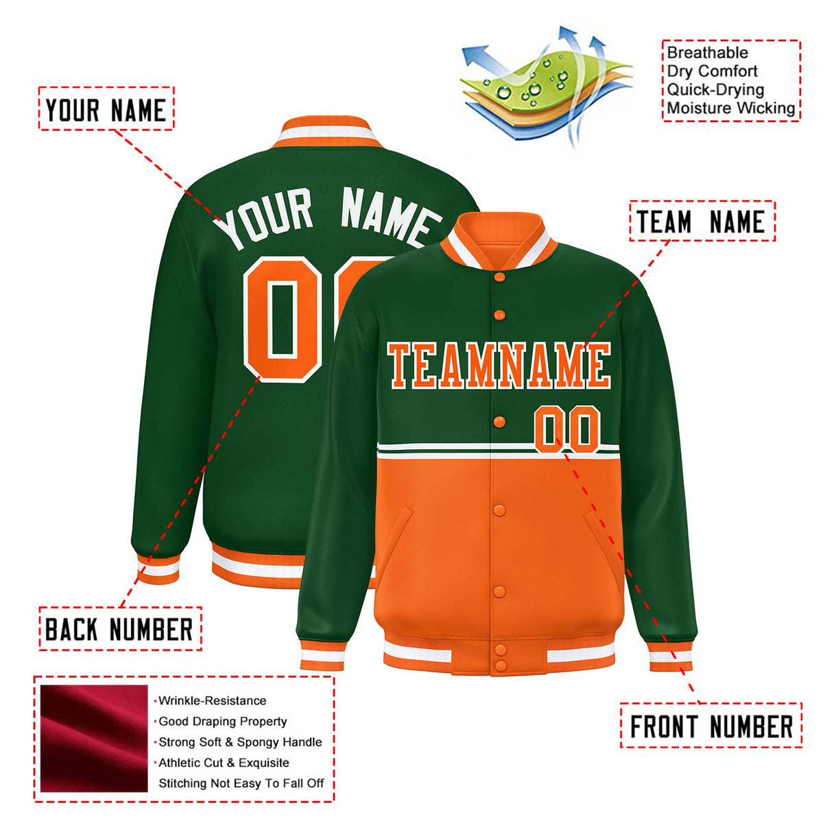 Custom Green Orange-Green Varsity Full-Snap Letterman Color-Matching Split Fashion Jacket