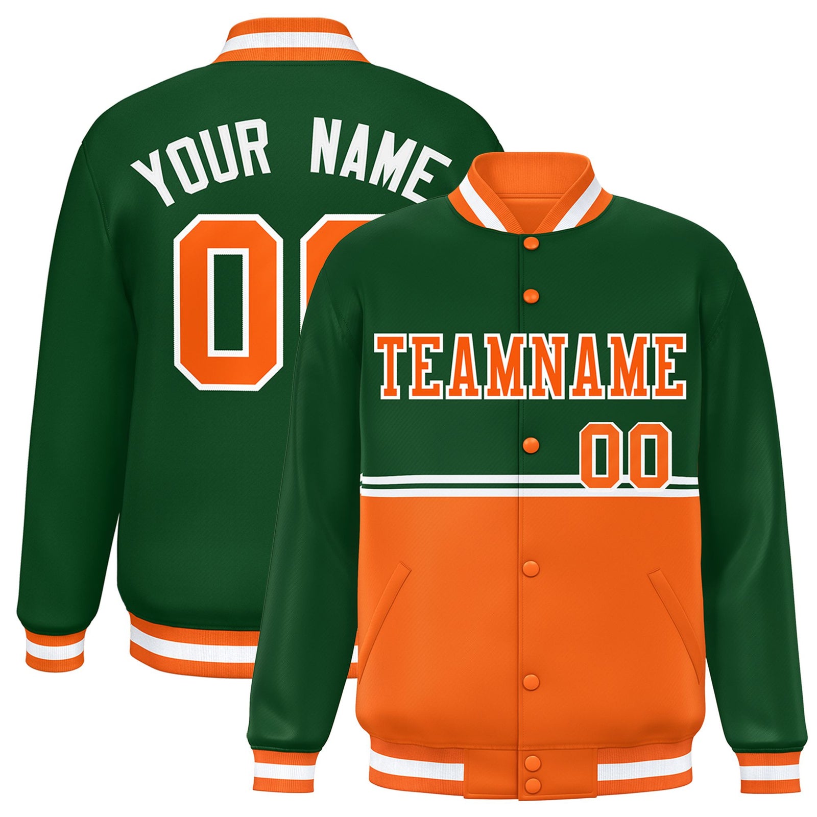 Custom Green Orange-Green Varsity Full-Snap Letterman Color-Matching Split Fashion Jacket