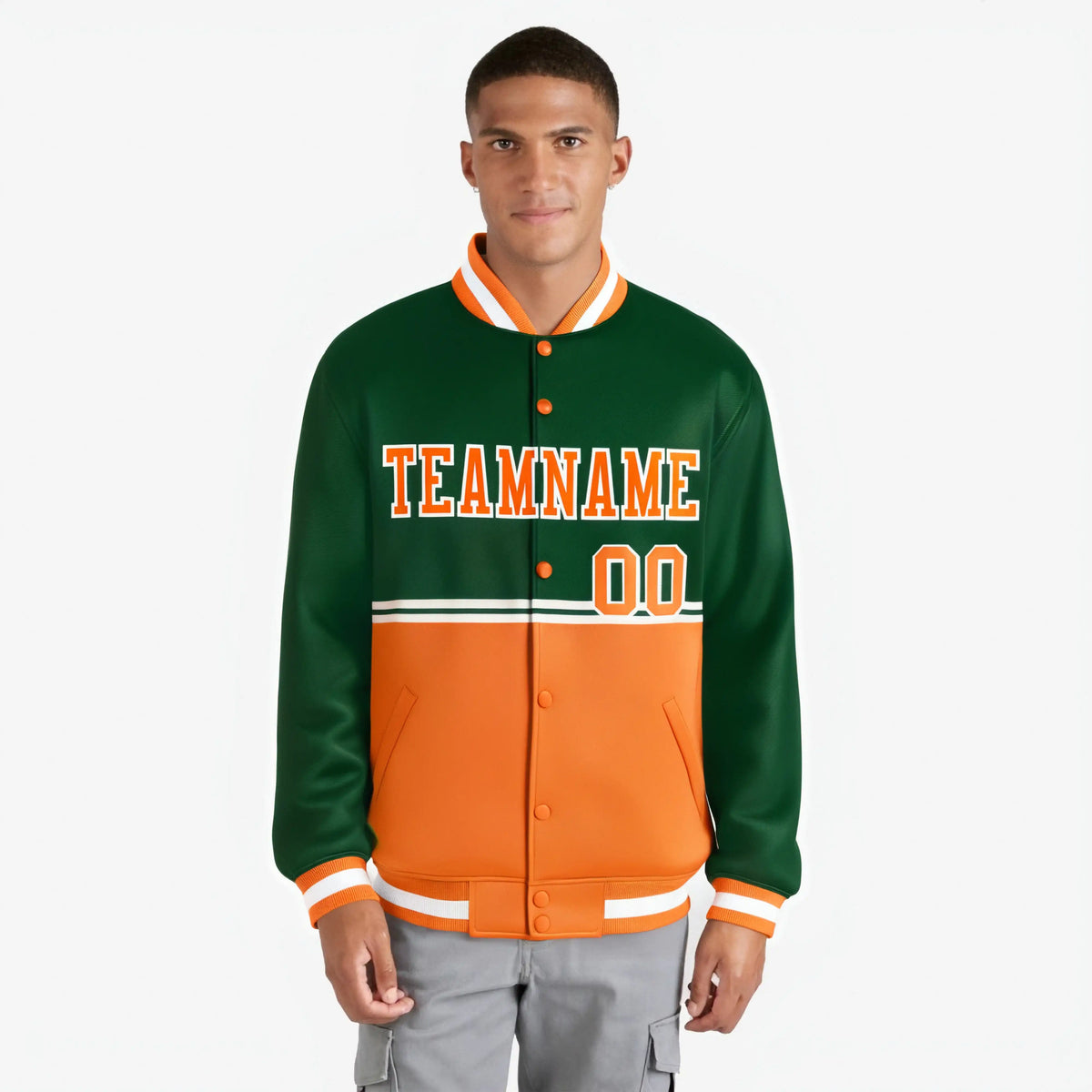 Custom Green Orange-Green Varsity Full-Snap Letterman Color-Matching Split Fashion Jacket