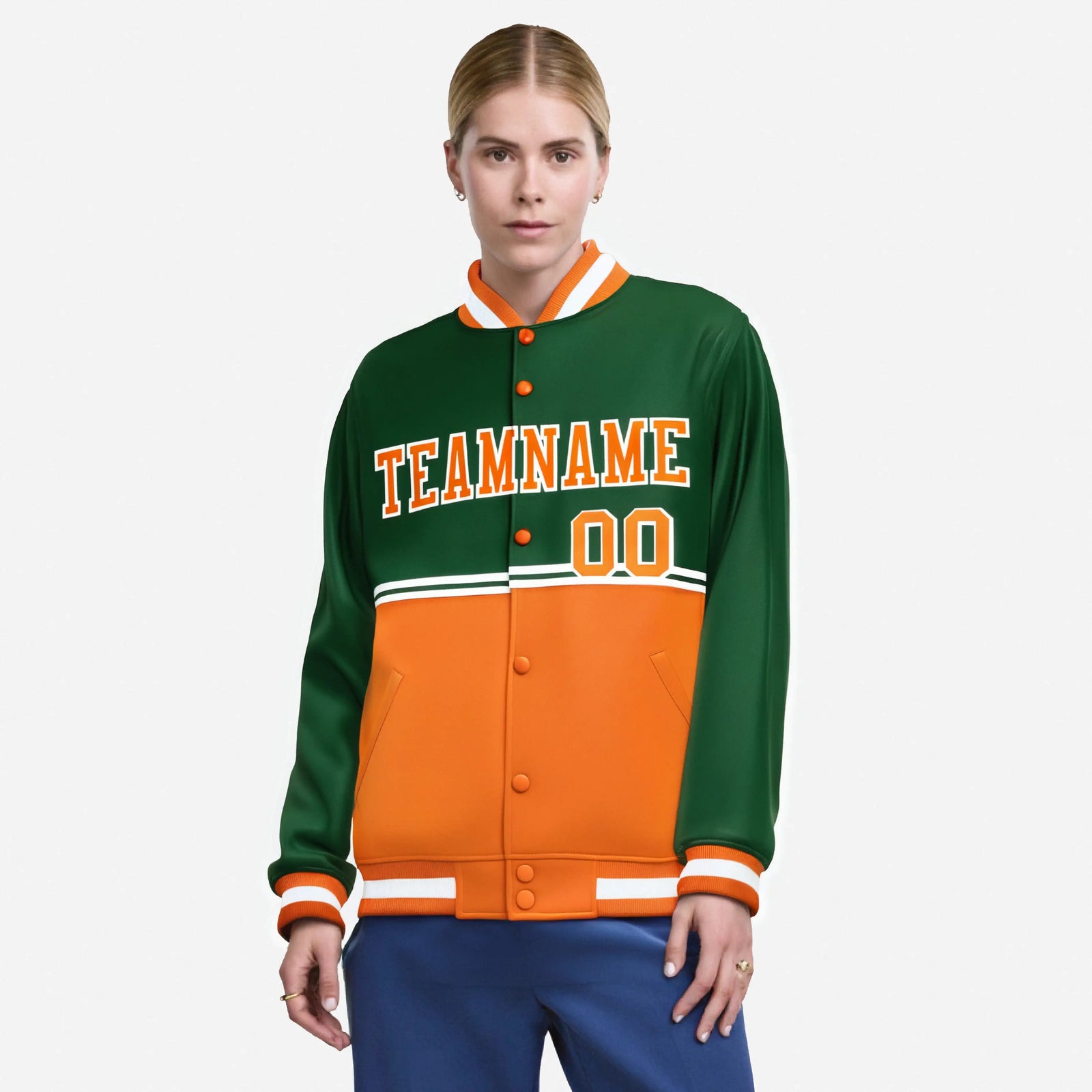Custom Green Orange-Green Varsity Full-Snap Letterman Color-Matching Split Fashion Jacket