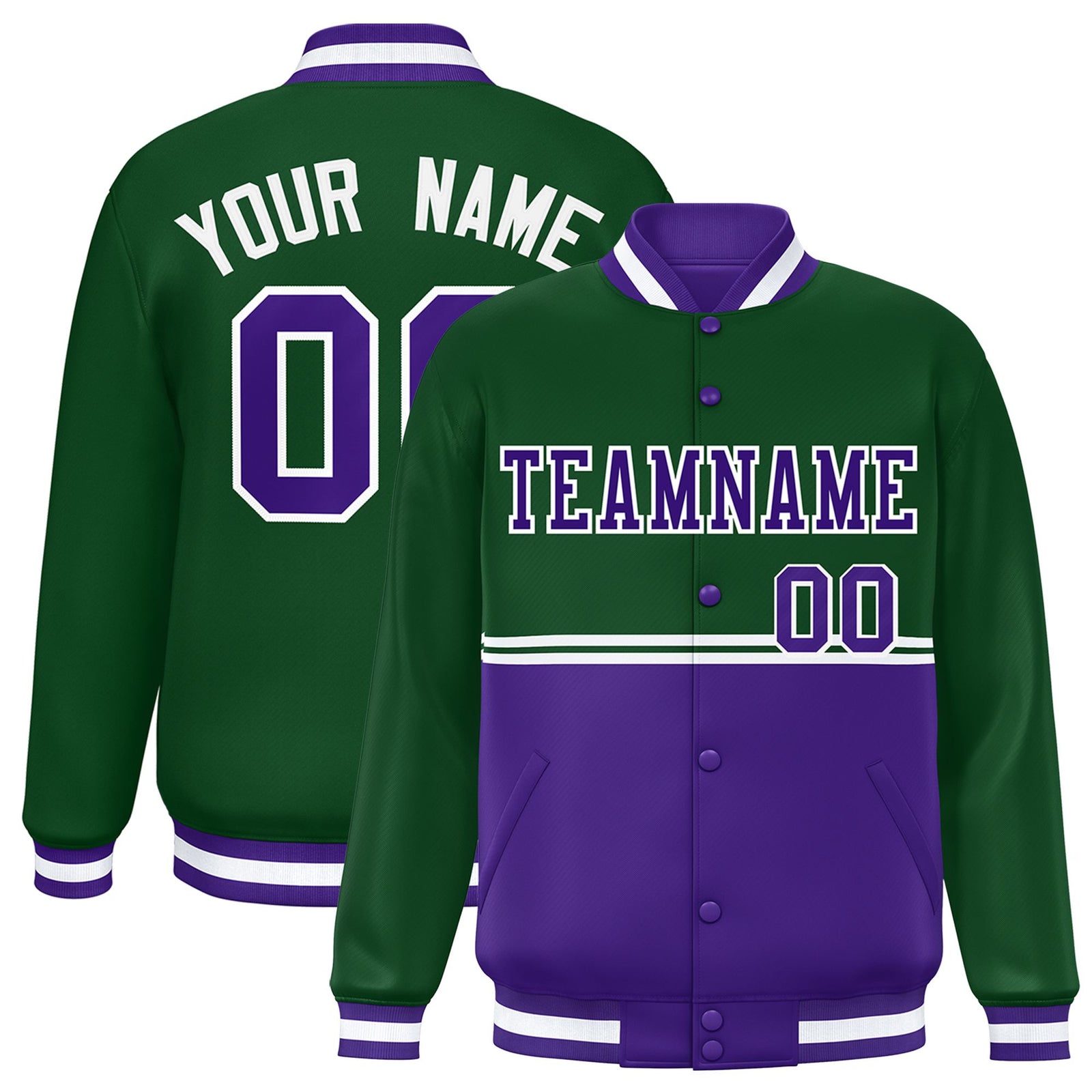 Custom Green Purple-Green Varsity Full-Snap Letterman Color-Matching Split Fashion Jacket
