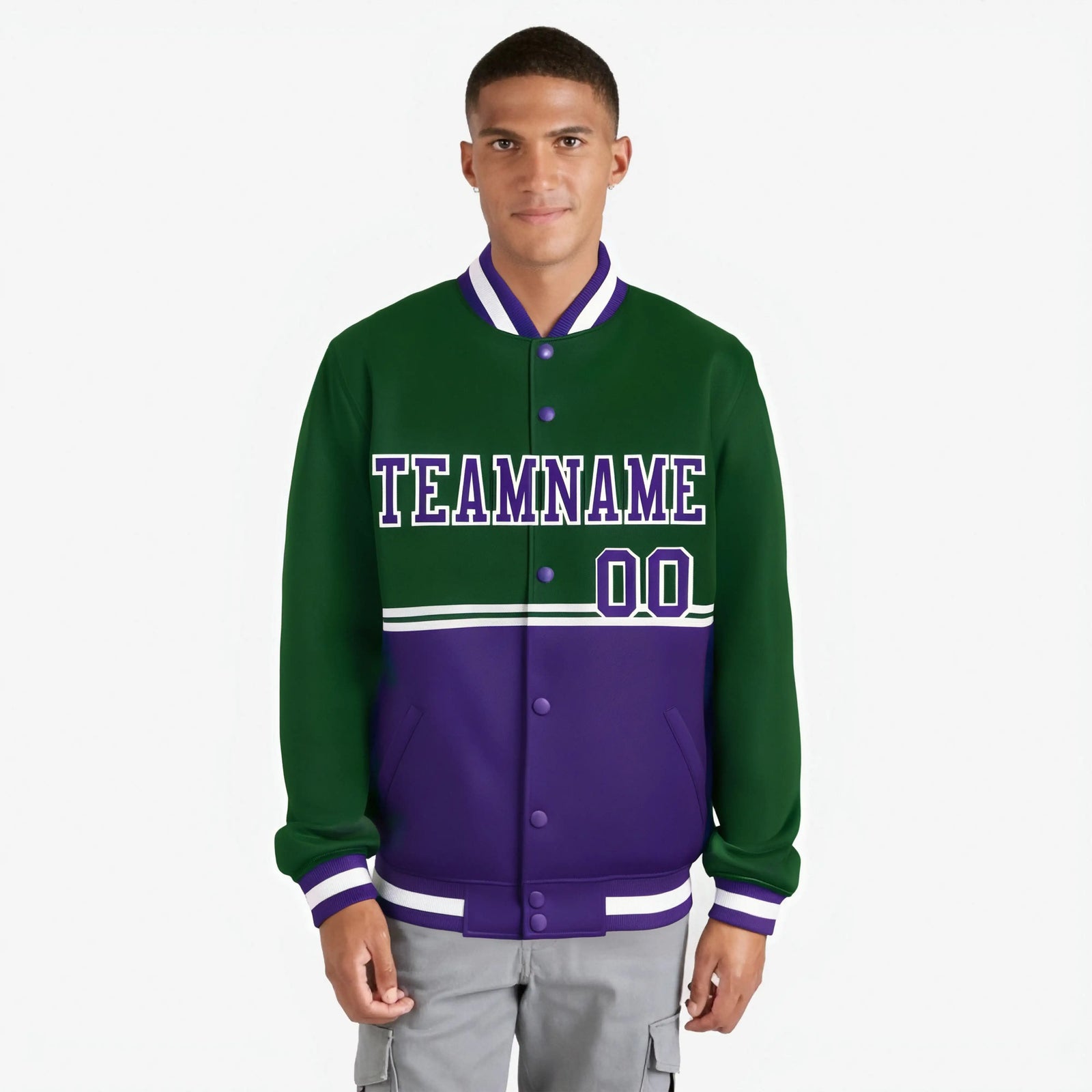 Custom Green Purple-Green Varsity Full-Snap Letterman Color-Matching Split Fashion Jacket