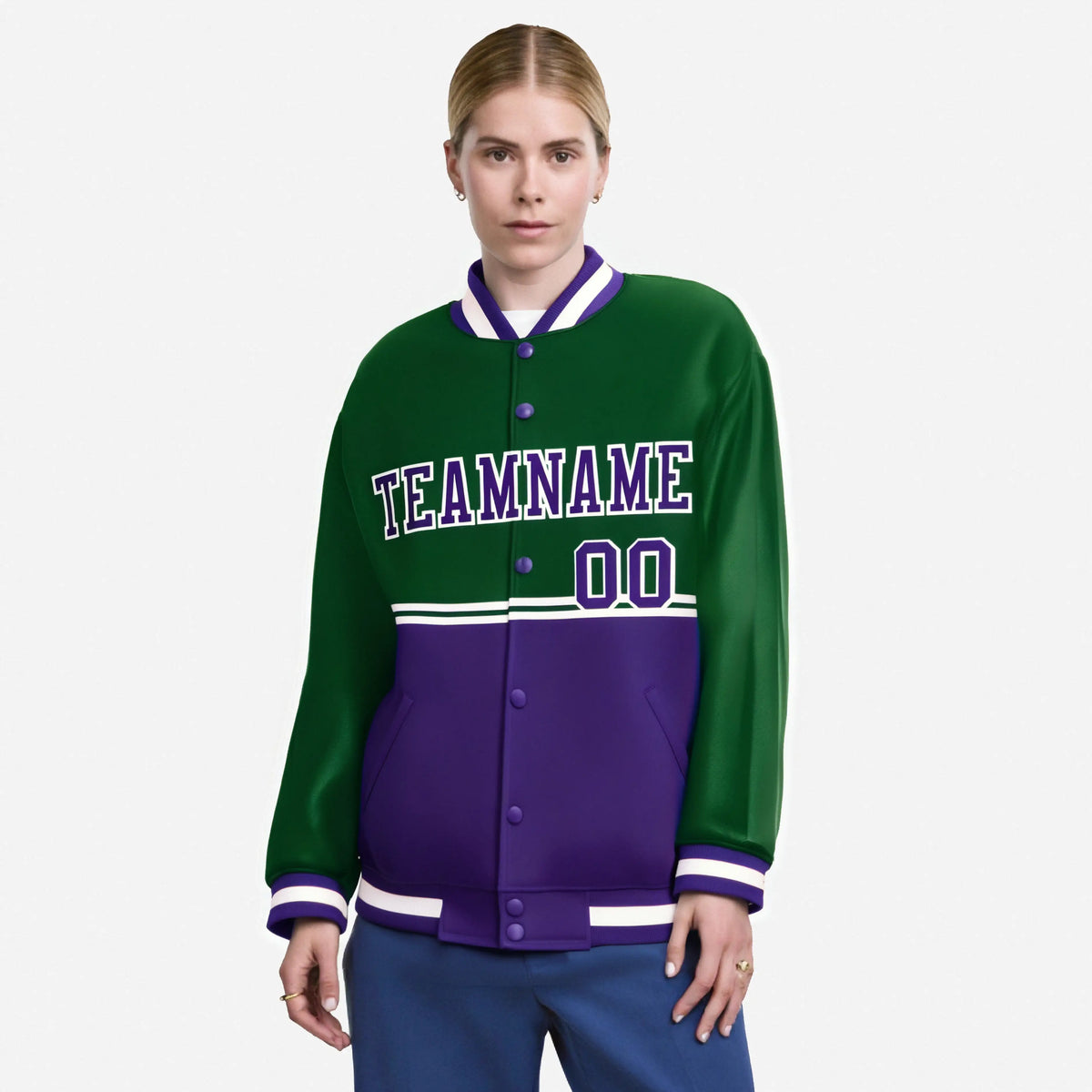 Custom Green Purple-Green Varsity Full-Snap Letterman Color-Matching Split Fashion Jacket