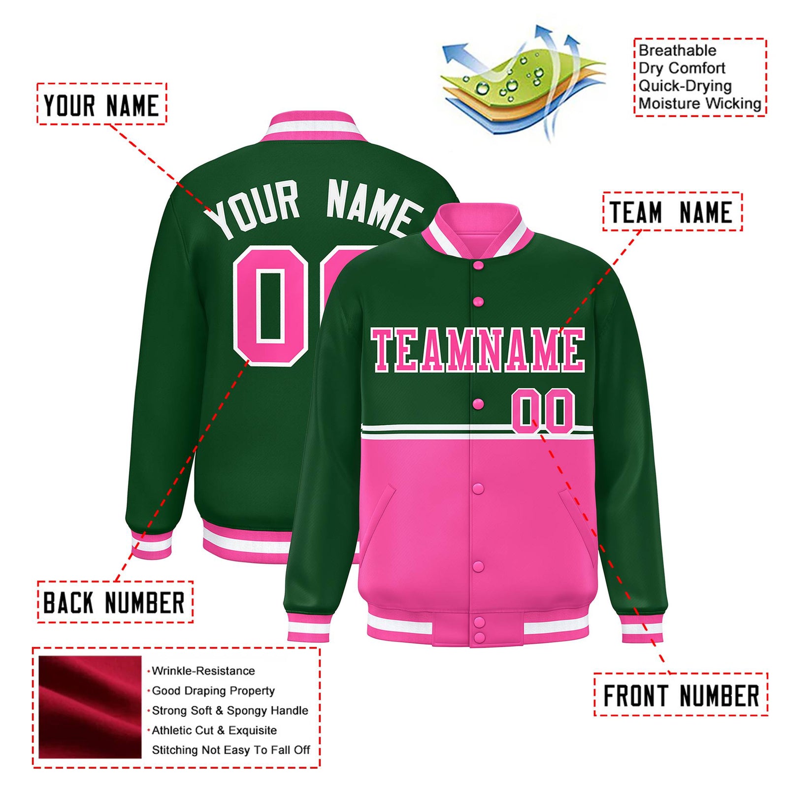 Custom Green Pink-Green Varsity Full-Snap Letterman Color-Matching Split Fashion Jacket