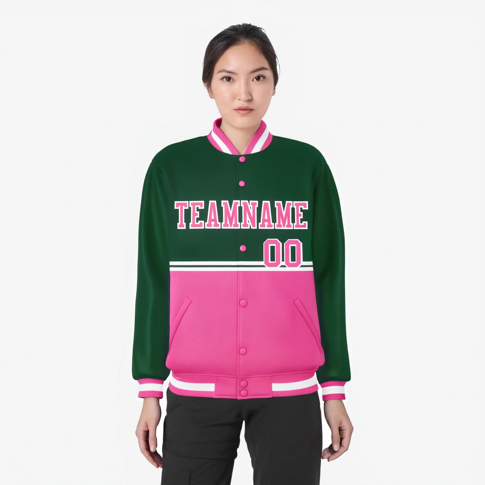 Custom Green Pink-Green Varsity Full-Snap Letterman Color-Matching Split Fashion Jacket