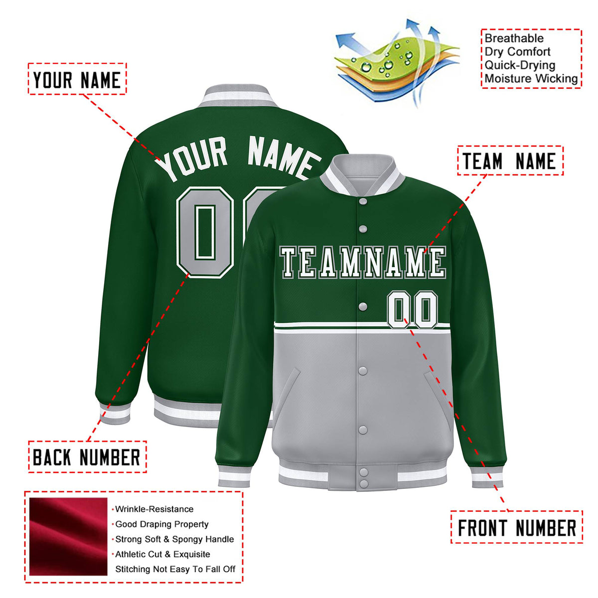 Custom Green-Gray-Green Varsity Full-Snap Letterman Color-Matching Split Fashion Jacket
