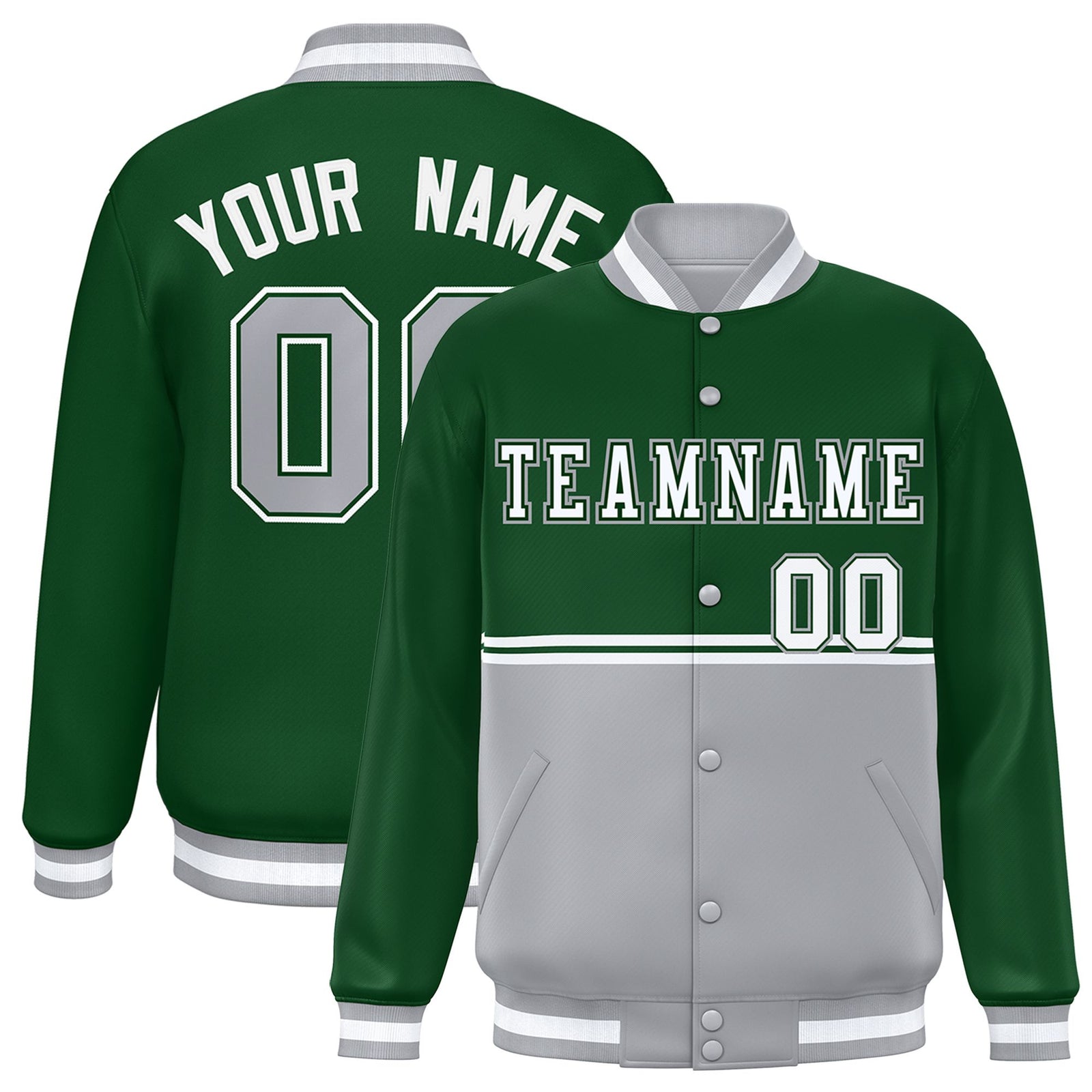 Custom Green-Gray-Green Varsity Full-Snap Letterman Color-Matching Split Fashion Jacket