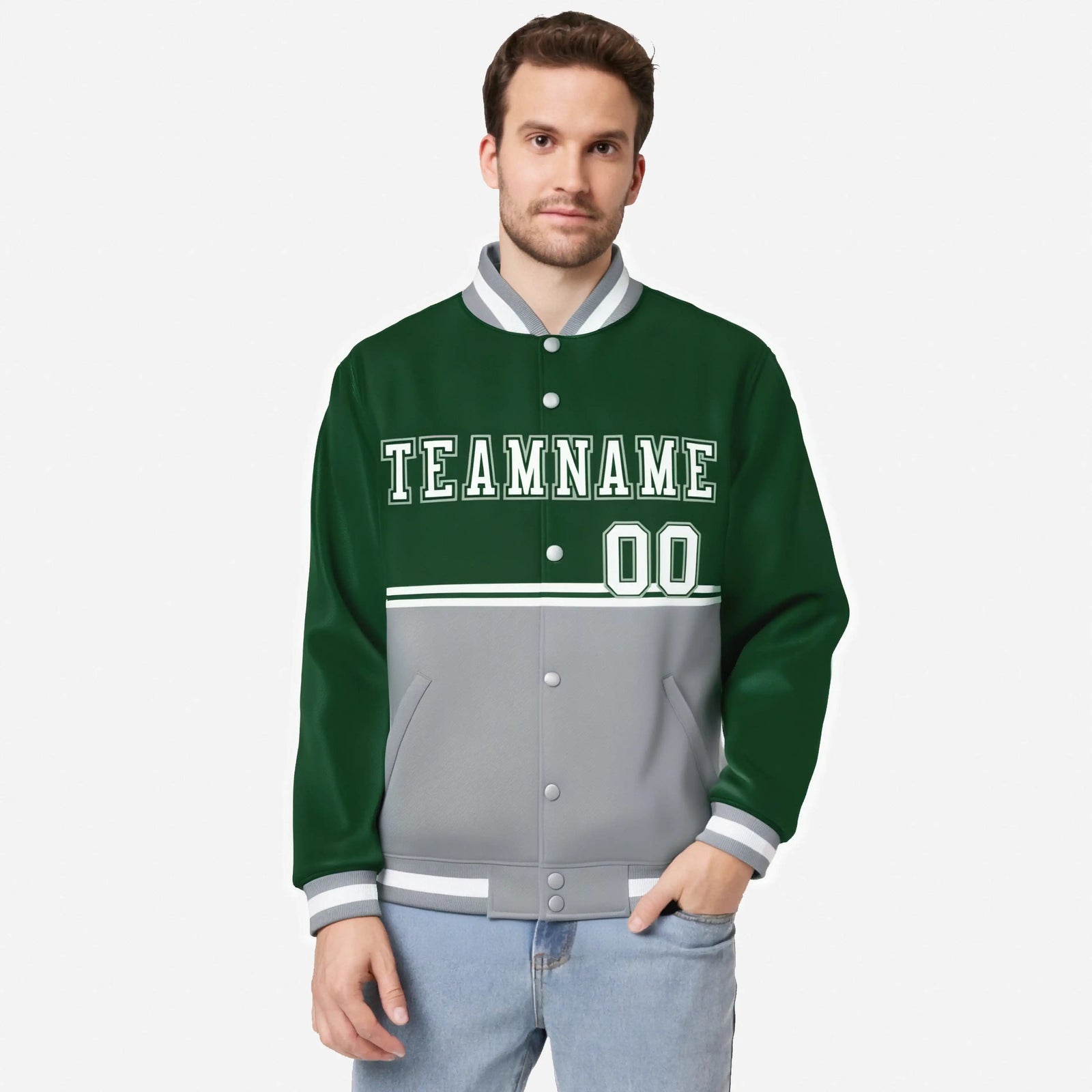 Custom Green-Gray-Green Varsity Full-Snap Letterman Color-Matching Split Fashion Jacket