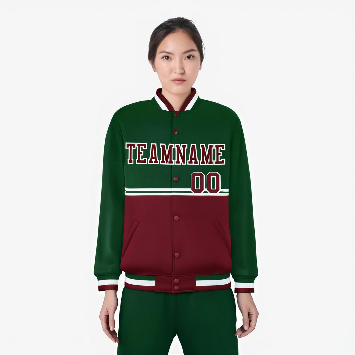 Custom Green-Crimson-Green Varsity Full-Snap Letterman Color-Matching Split Fashion Jacket