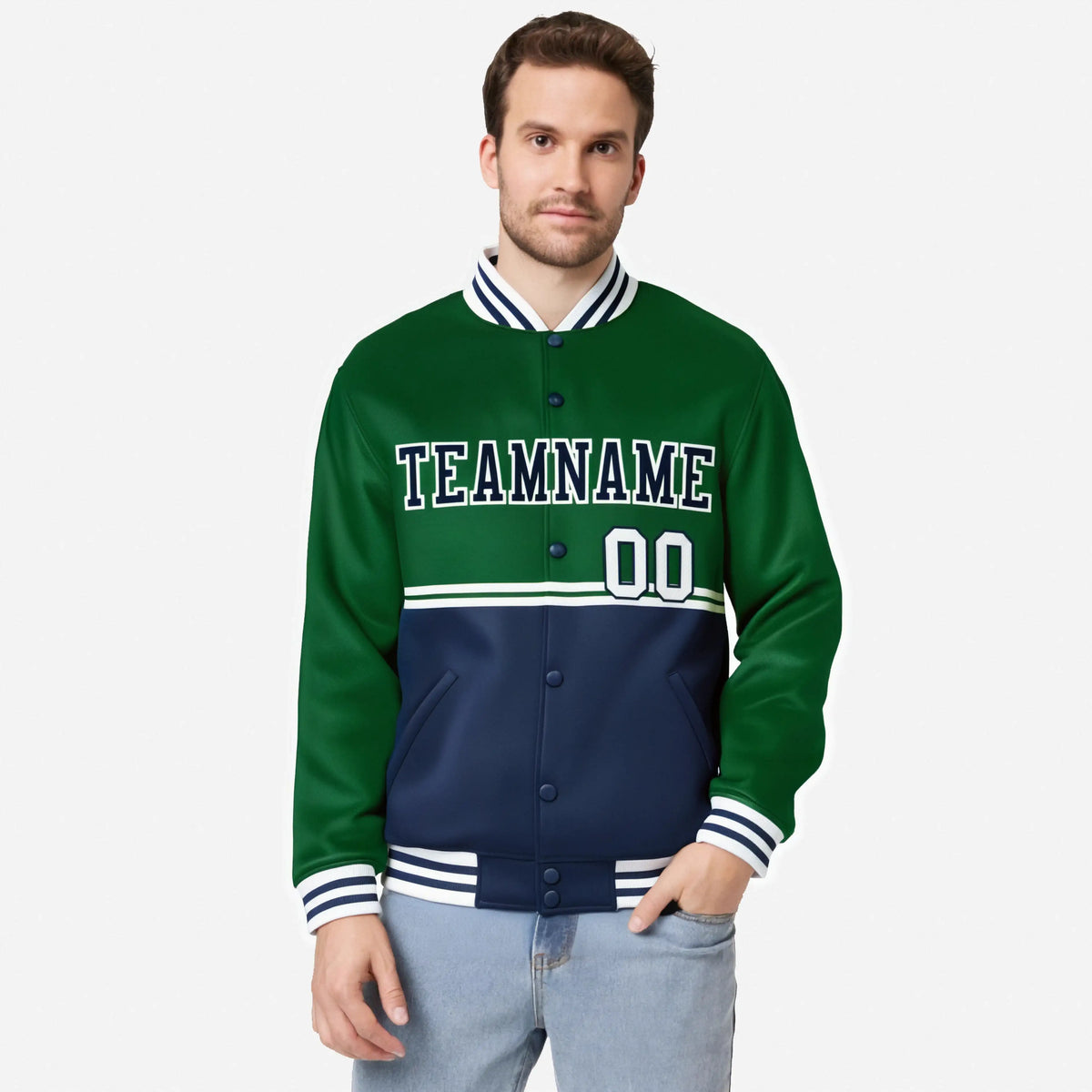 Custom Green-Navy-Green Varsity Full-Snap Letterman Color-Matching Split Fashion Jacket
