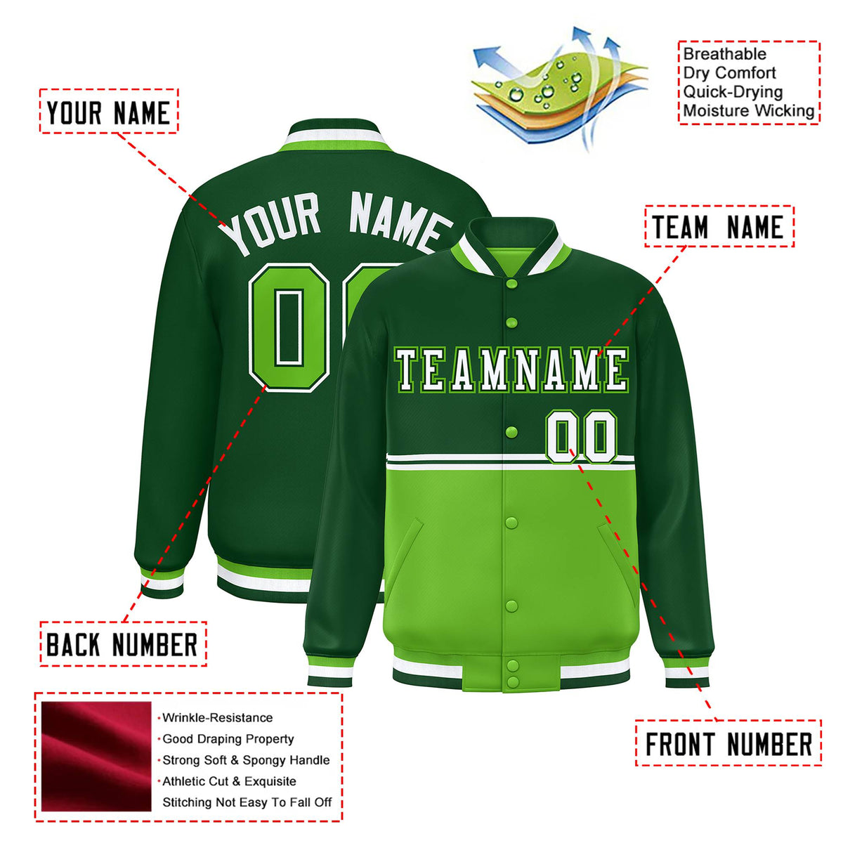 Custom Green-Neon Green-Green Varsity Full-Snap Letterman Color-Matching Split Fashion Jacket