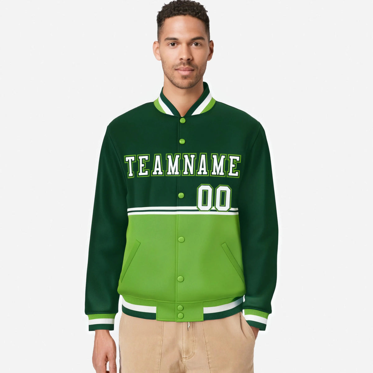 Custom Green-Neon Green-Green Varsity Full-Snap Letterman Color-Matching Split Fashion Jacket