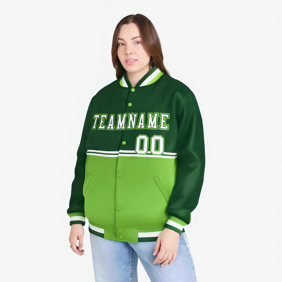 Custom Green-Neon Green-Green Varsity Full-Snap Letterman Color-Matching Split Fashion Jacket