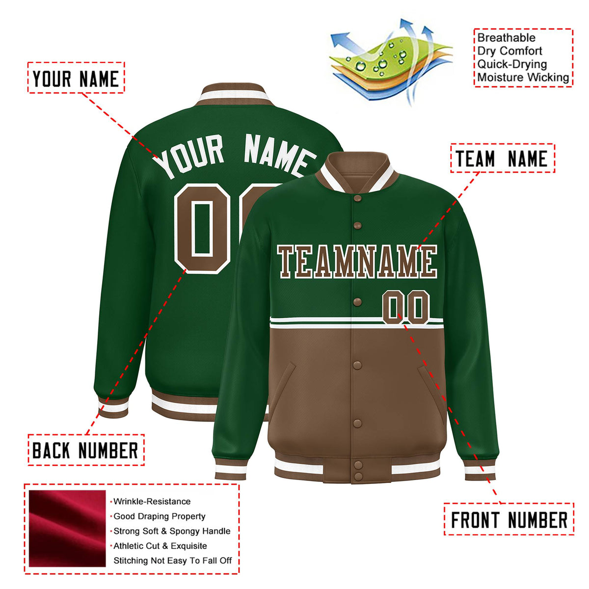 Custom Green-Brown-Green Varsity Full-Snap Letterman Color-Matching Split Fashion Jacket
