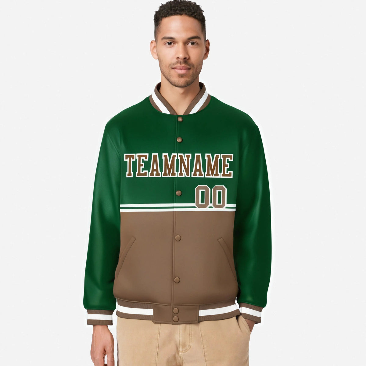 Custom Green-Brown-Green Varsity Full-Snap Letterman Color-Matching Split Fashion Jacket