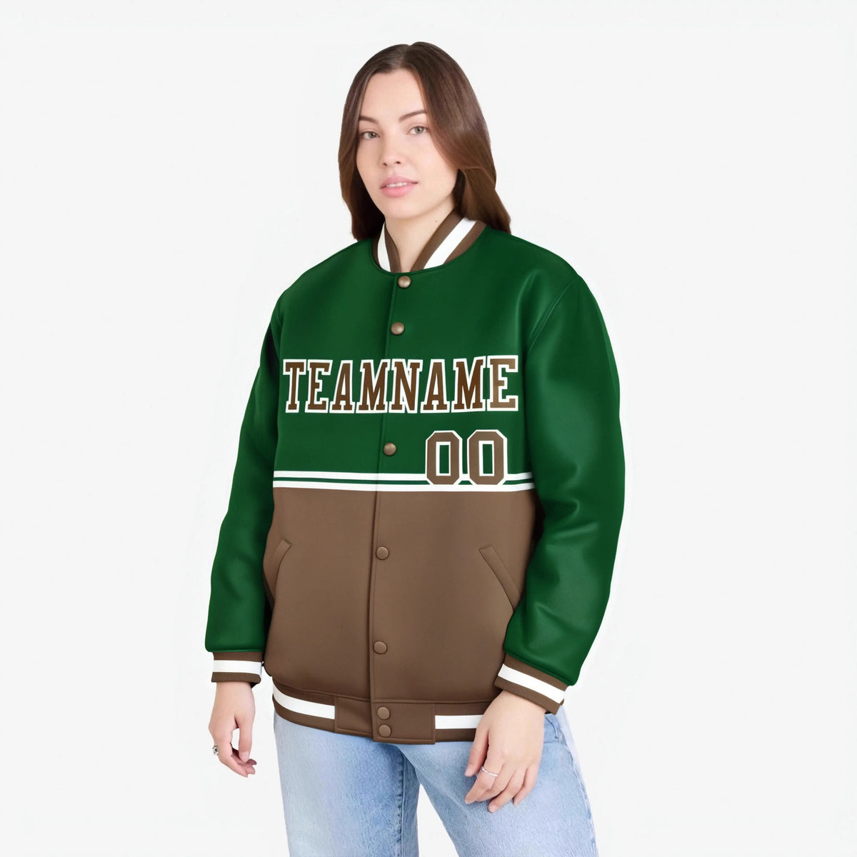 Custom Green-Brown-Green Varsity Full-Snap Letterman Color-Matching Split Fashion Jacket