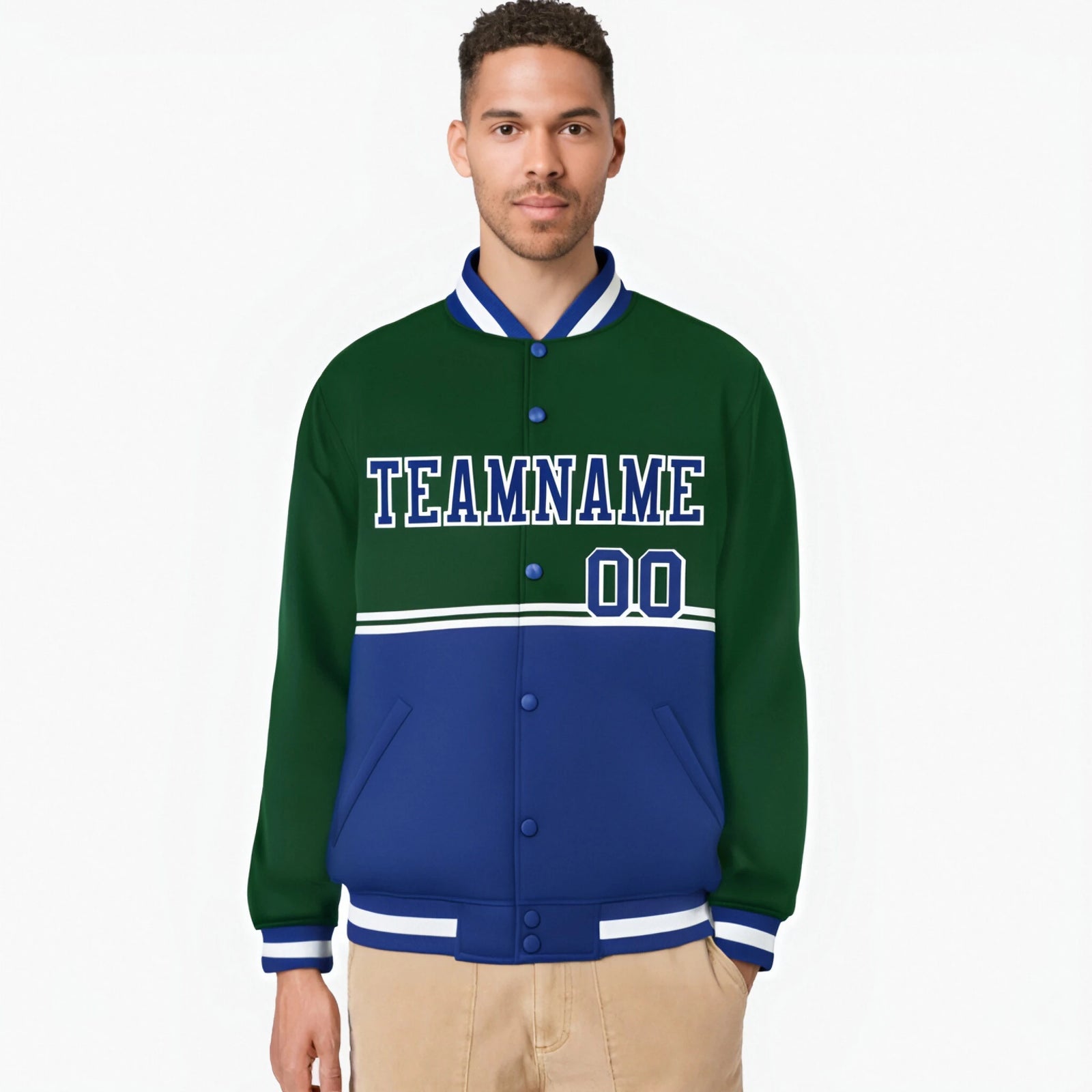 Custom Green-Royal Blue-Green Varsity Full-Snap Letterman Color-Matching Split Fashion Jacket