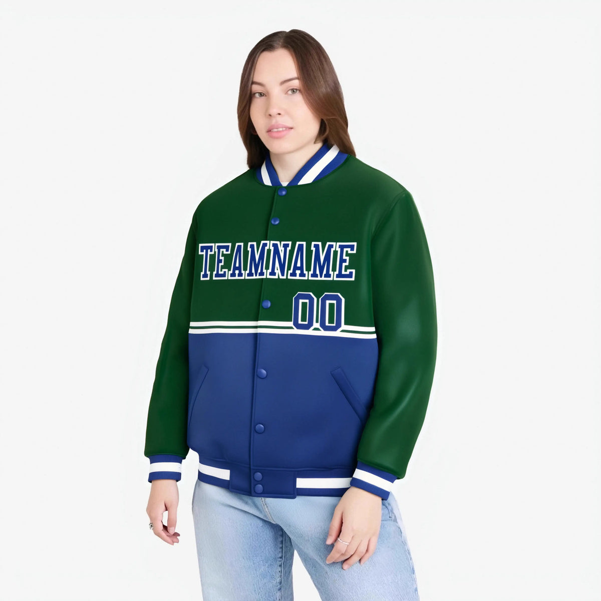 Custom Green-Royal Blue-Green Varsity Full-Snap Letterman Color-Matching Split Fashion Jacket