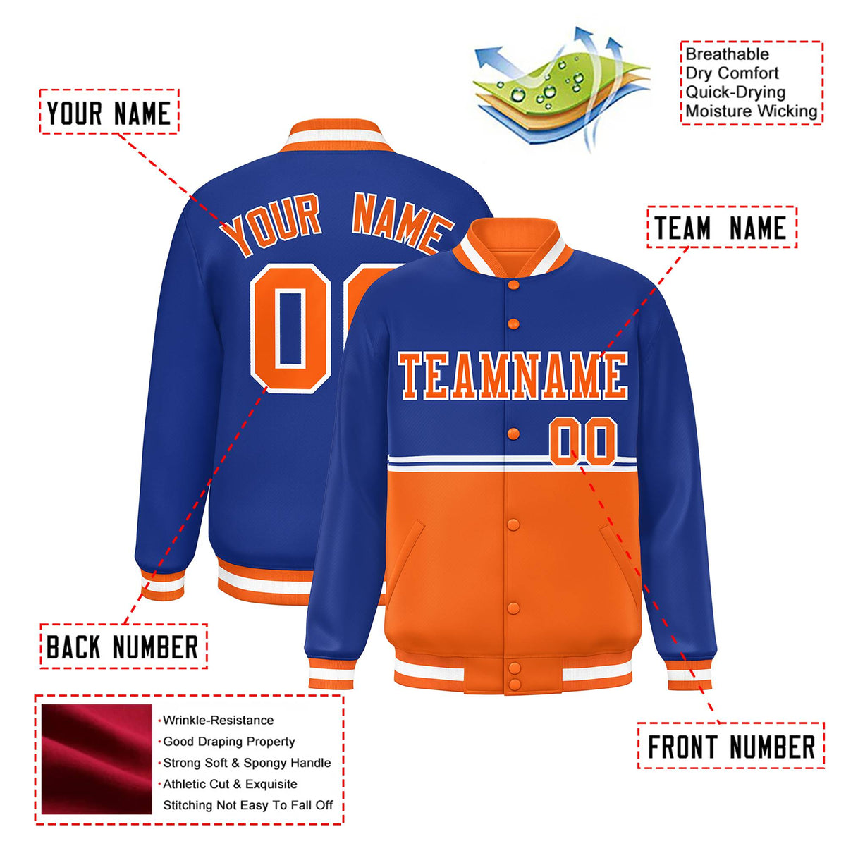 Custom Royal Blue-Orange-Royal Blue Varsity Full-Snap Letterman Color-Matching Split Fashion Jacket