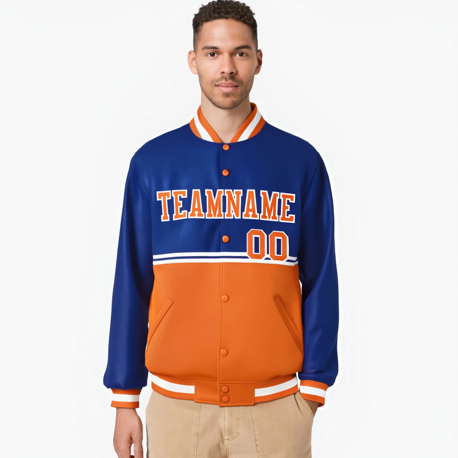 Custom Royal Blue-Orange-Royal Blue Varsity Full-Snap Letterman Color-Matching Split Fashion Jacket