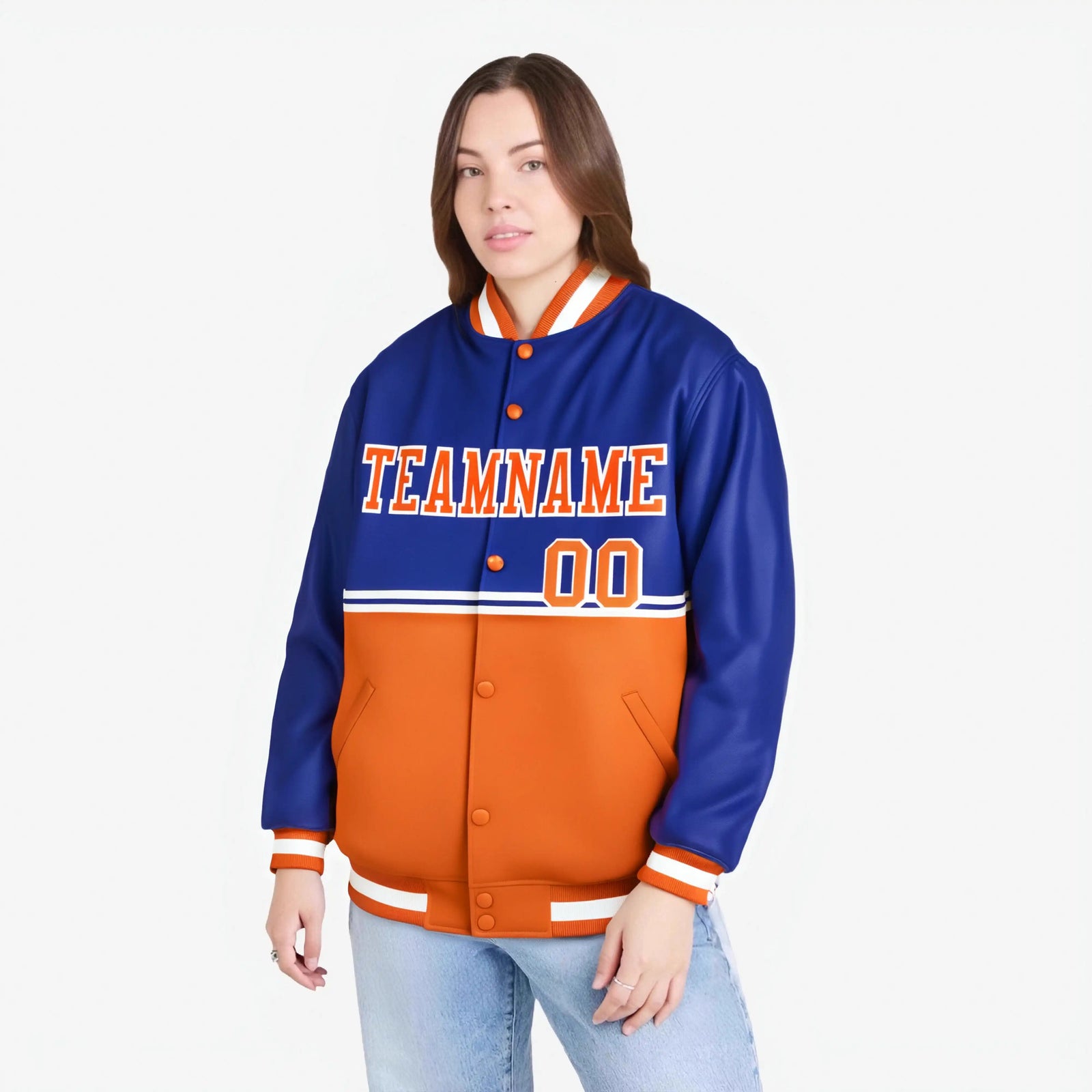 Custom Royal Blue-Orange-Royal Blue Varsity Full-Snap Letterman Color-Matching Split Fashion Jacket