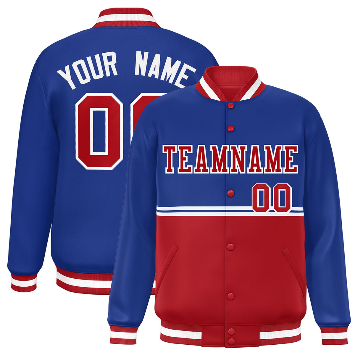 Custom Royal Blue-Red-Royal Blue Varsity Full-Snap Letterman Color-Matching Split Fashion Jacket