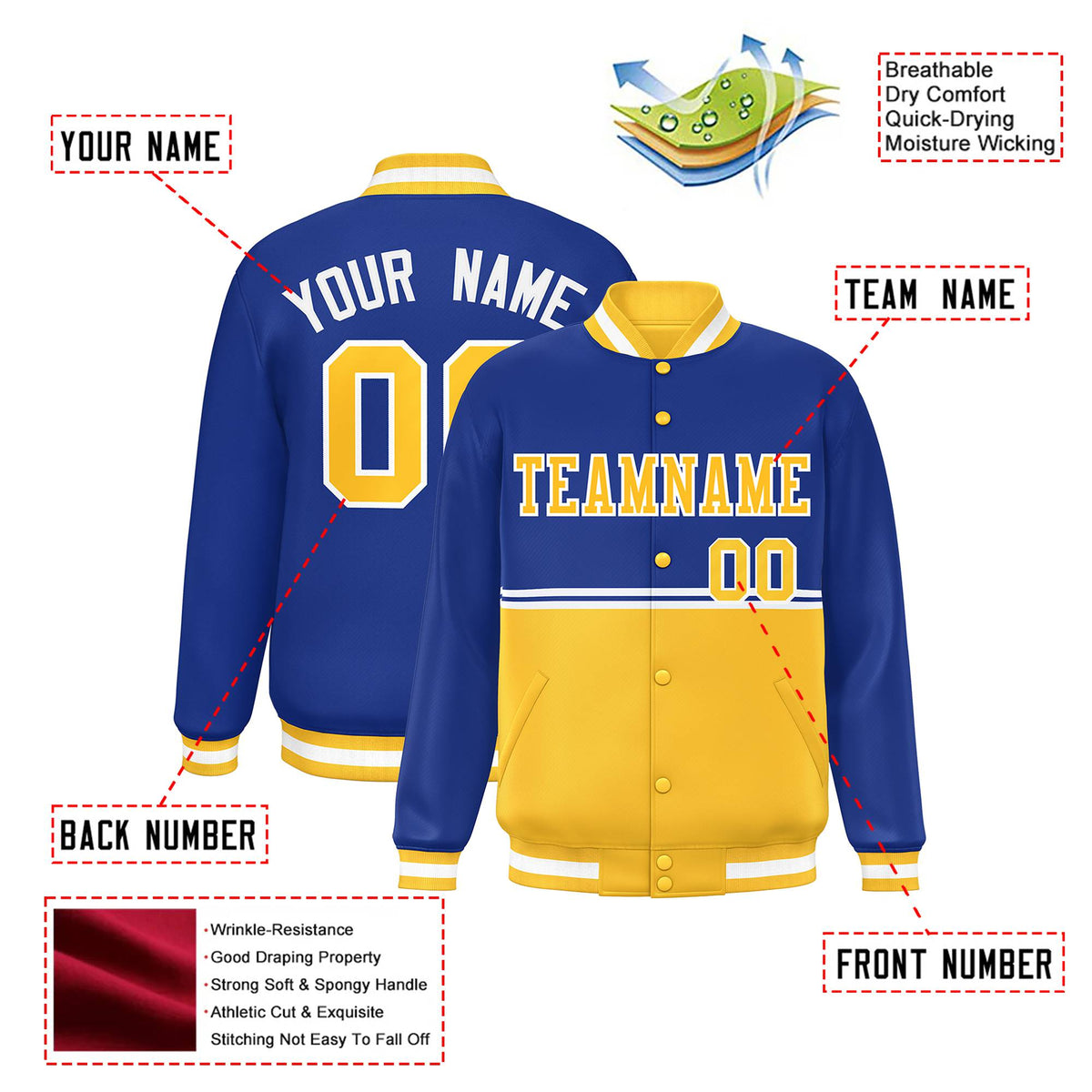 Custom Royal Blue-Gold-Royal Blue Varsity Full-Snap Letterman Color-Matching Split Fashion Jacket