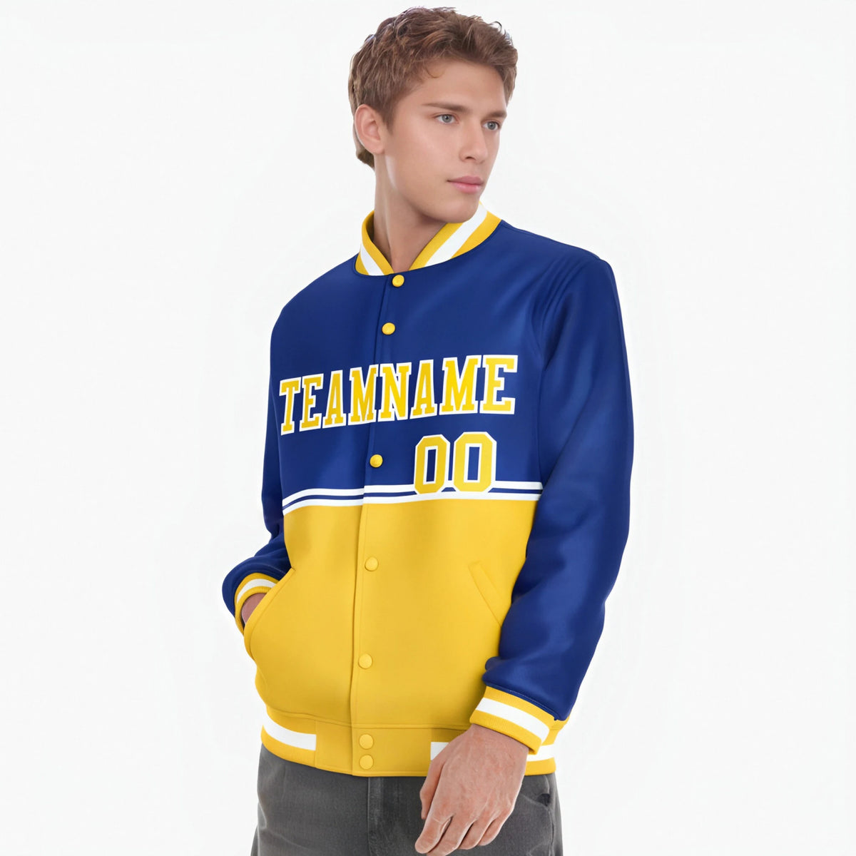 Custom Royal Blue-Gold-Royal Blue Varsity Full-Snap Letterman Color-Matching Split Fashion Jacket