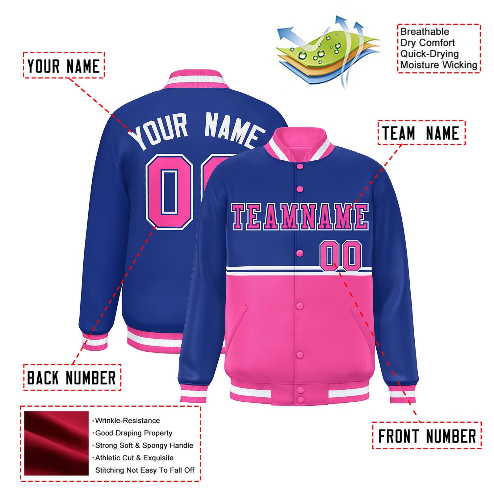 Custom Royal Blue-Pink-Royal Blue Varsity Full-Snap Letterman Color-Matching Split Fashion Jacket
