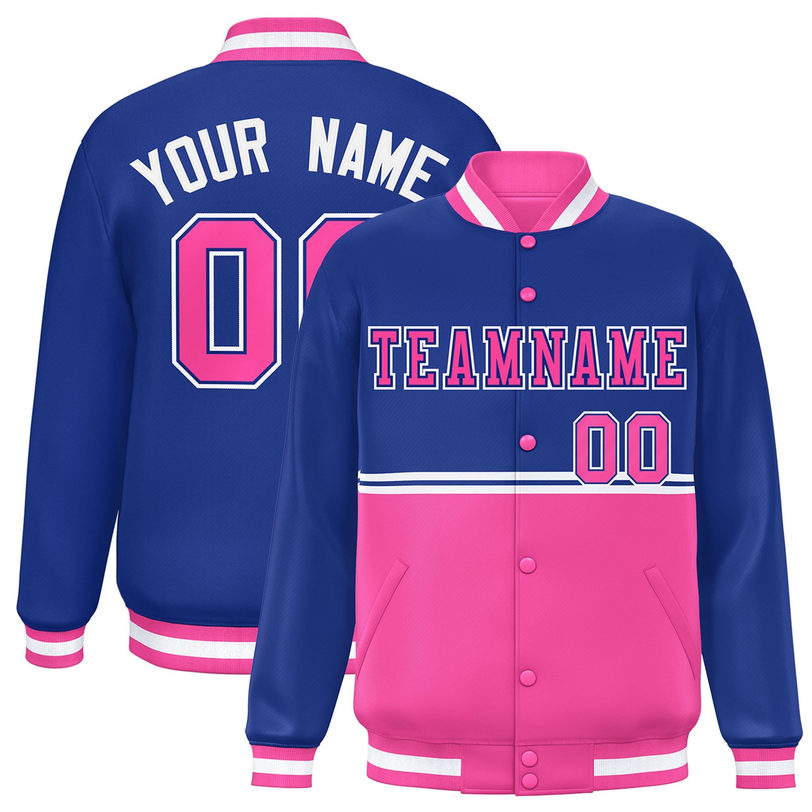 Custom Royal Blue-Pink-Royal Blue Varsity Full-Snap Letterman Color-Matching Split Fashion Jacket