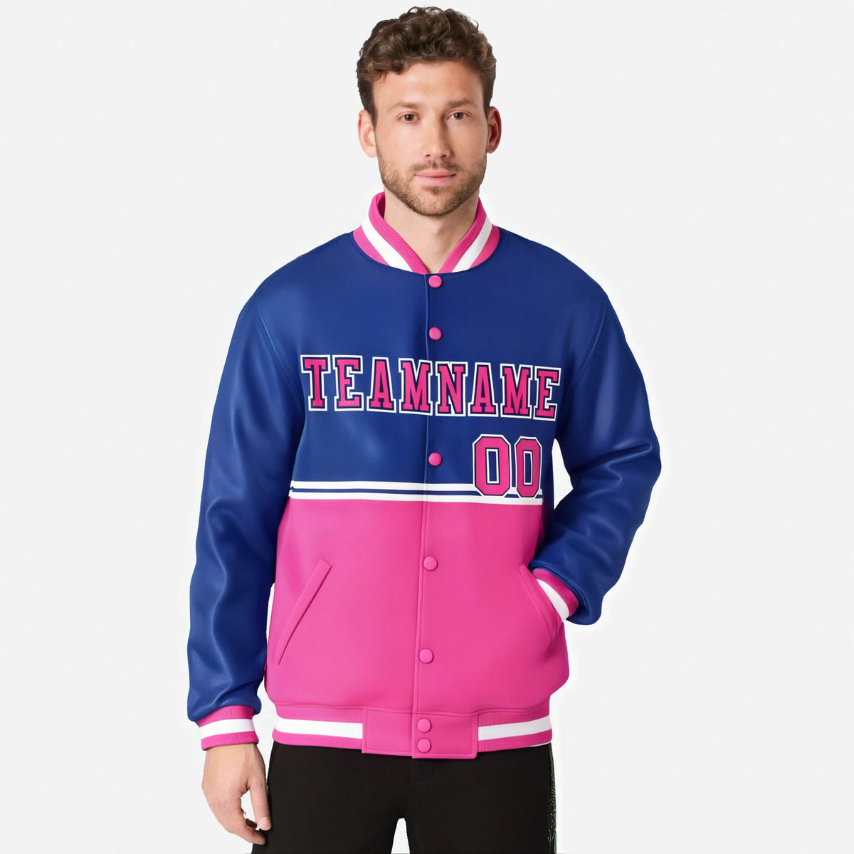 Custom Royal Blue-Pink-Royal Blue Varsity Full-Snap Letterman Color-Matching Split Fashion Jacket