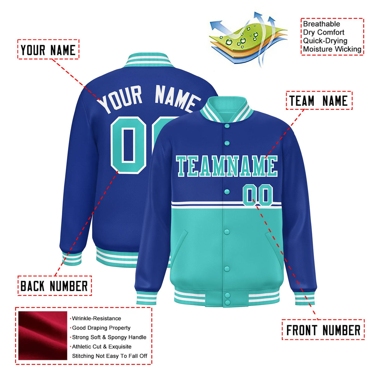 Custom Royal Blue-Aqua-Royal Blue Varsity Full-Snap Letterman Color-Matching Split Fashion Jacket