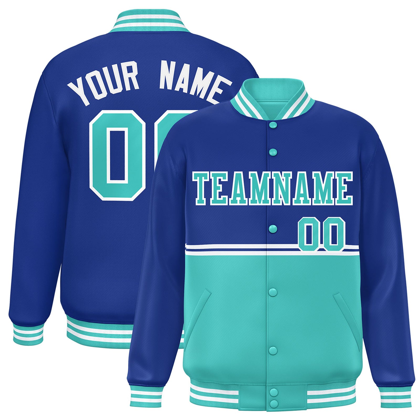 Custom Royal Blue-Aqua-Royal Blue Varsity Full-Snap Letterman Color-Matching Split Fashion Jacket