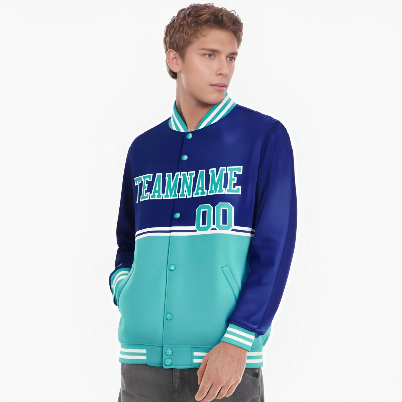 Custom Royal Blue-Aqua-Royal Blue Varsity Full-Snap Letterman Color-Matching Split Fashion Jacket