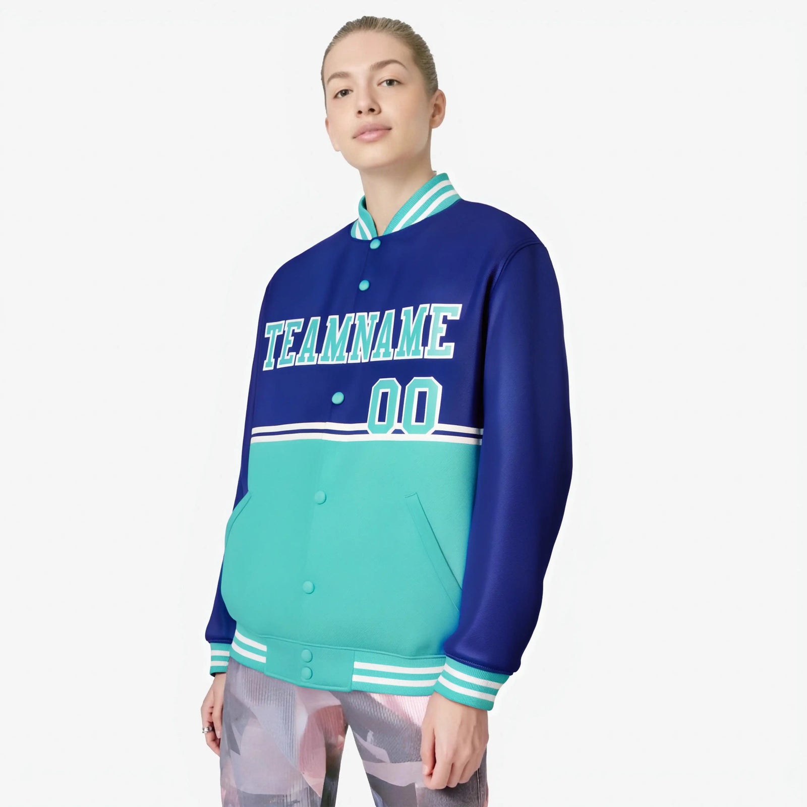 Custom Royal Blue-Aqua-Royal Blue Varsity Full-Snap Letterman Color-Matching Split Fashion Jacket