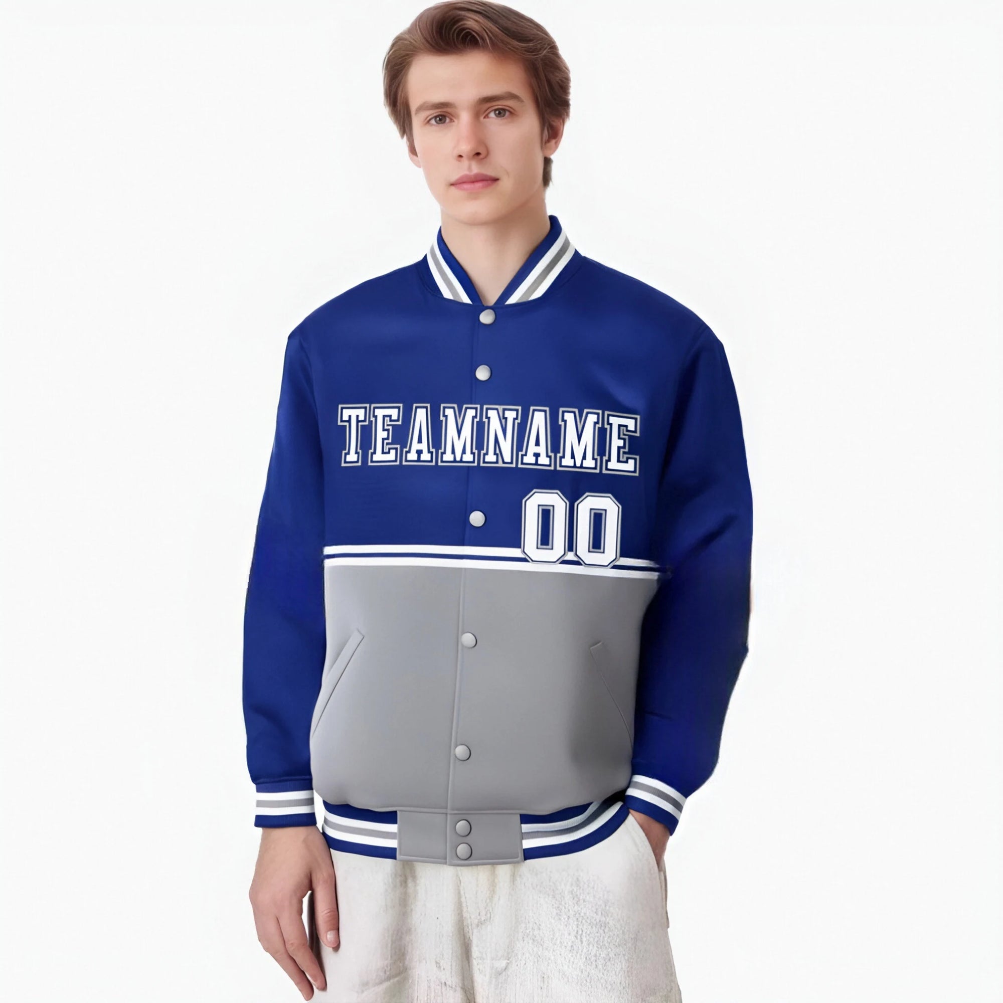 Custom Royal Blue-Gray-Royal Blue Varsity Full-Snap Letterman Color-Matching Split Fashion Jacket