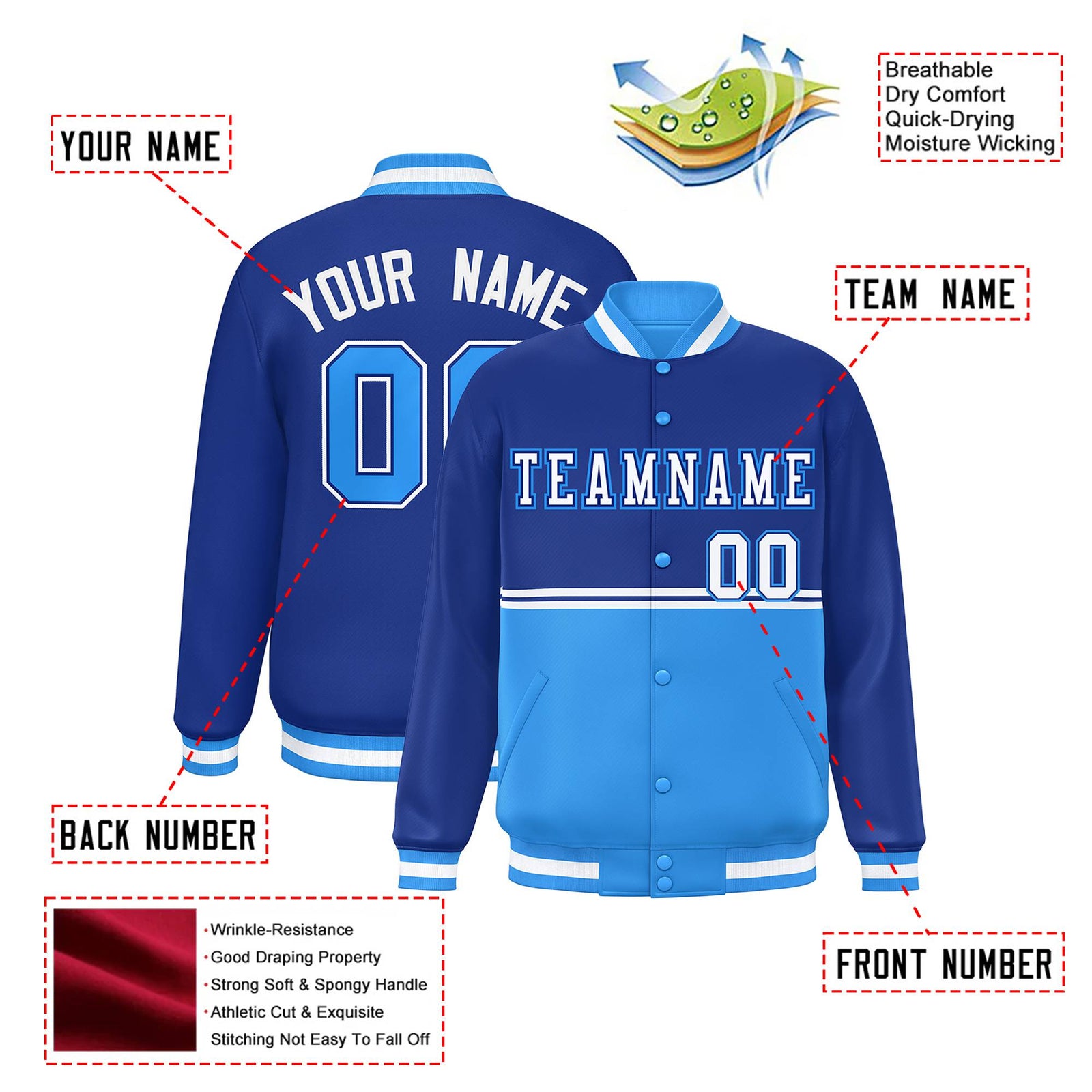 Custom Royal Blue-Powder Blue-Royal Blue Varsity Full-Snap Letterman Color-Matching Split Fashion Jacket