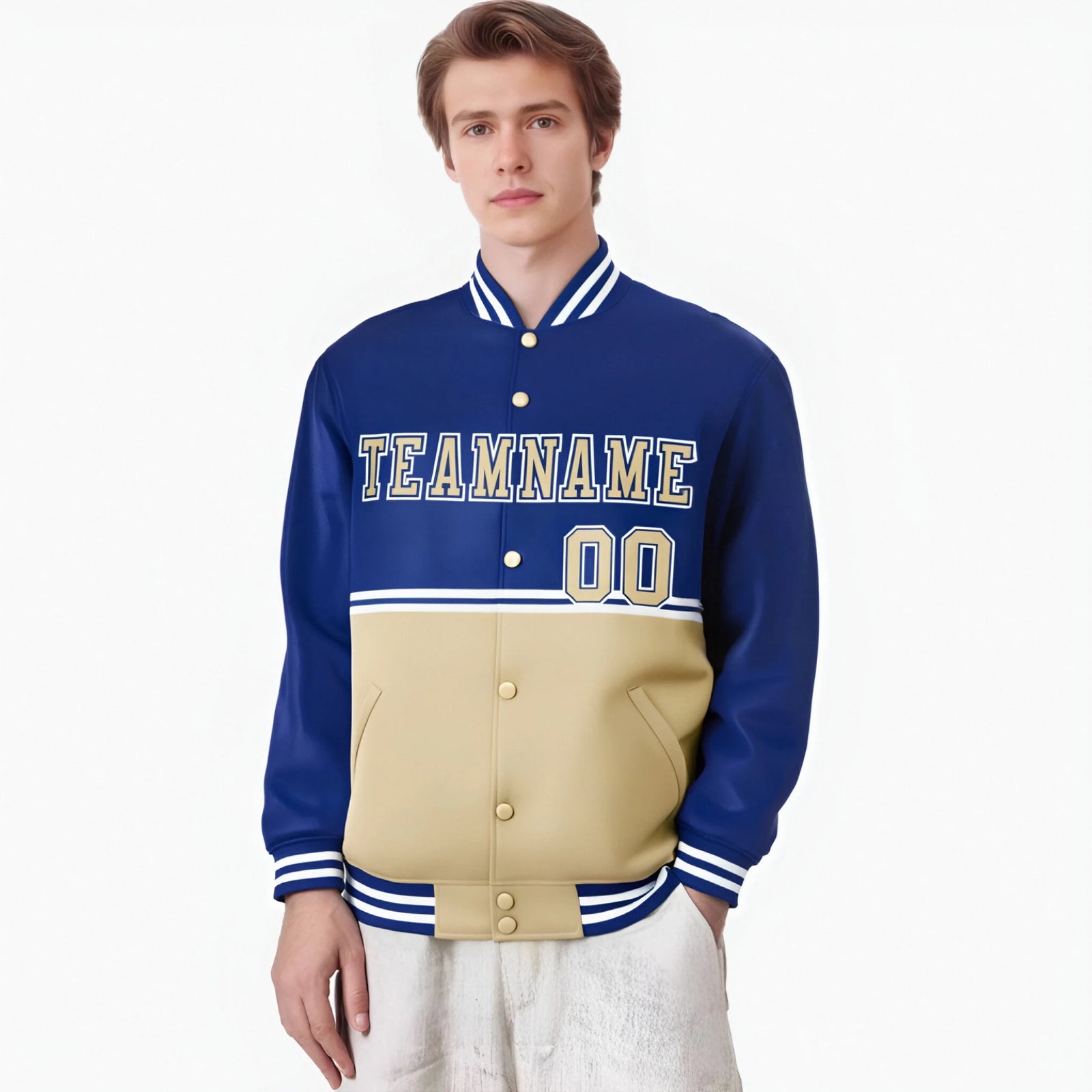 Custom Royal Blue-Cream-Royal Blue Varsity Full-Snap Letterman Color-Matching Split Fashion Jacket