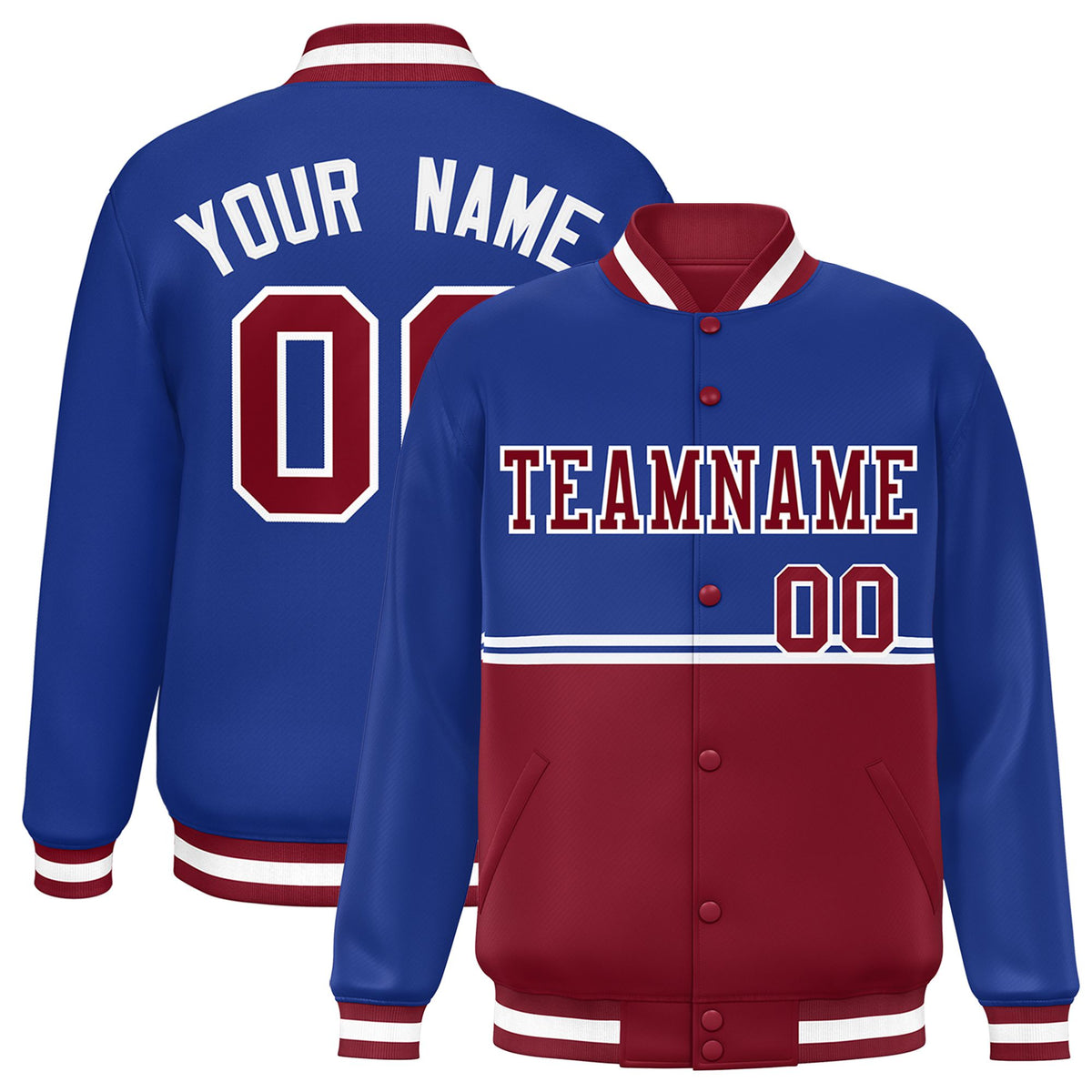 Custom Royal Blue-Crimson-Royal Blue Varsity Full-Snap Letterman Color-Matching Split Fashion Jacket