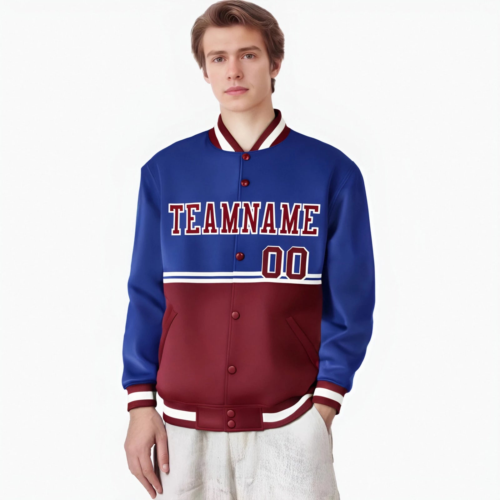 Custom Royal Blue-Crimson-Royal Blue Varsity Full-Snap Letterman Color-Matching Split Fashion Jacket