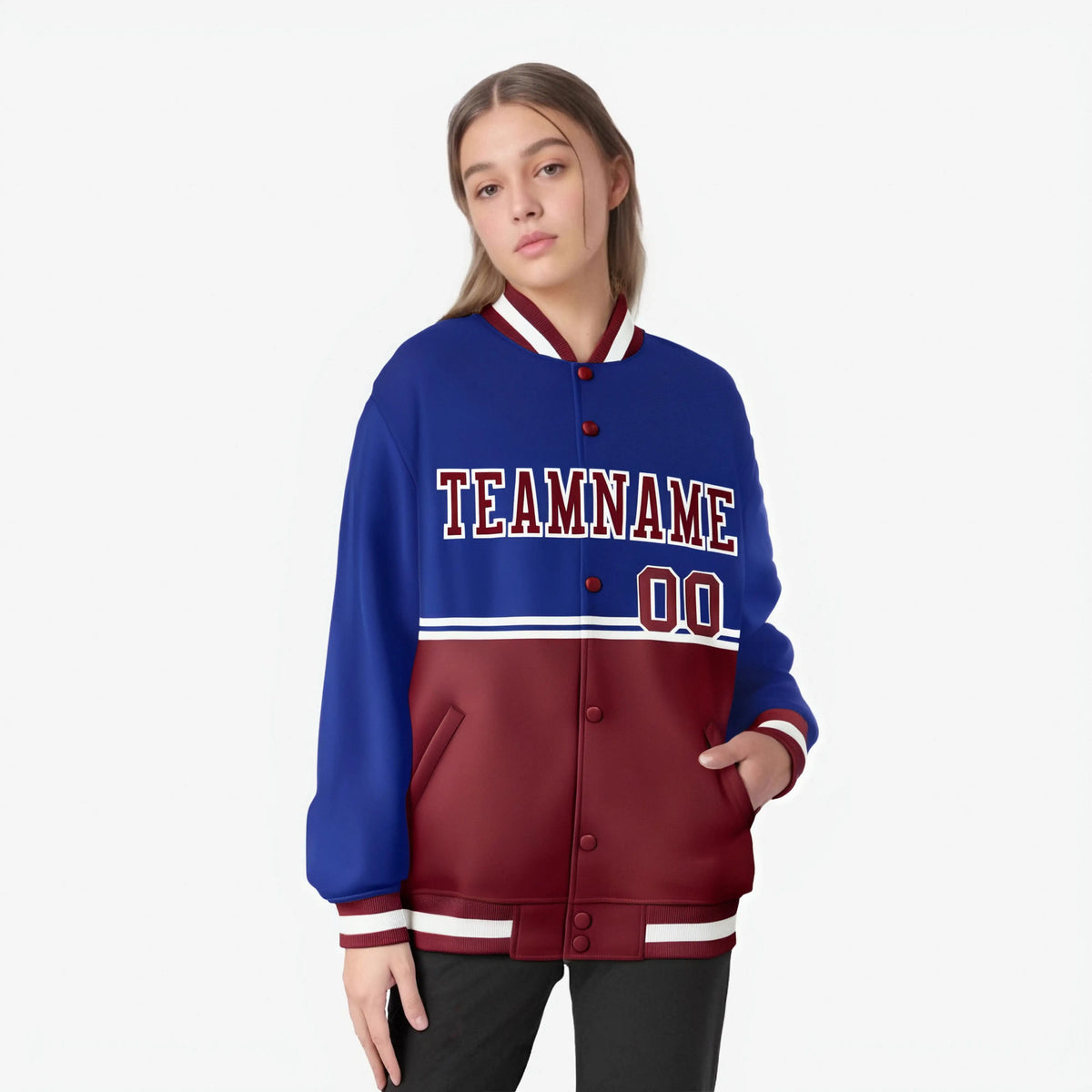 Custom Royal Blue-Crimson-Royal Blue Varsity Full-Snap Letterman Color-Matching Split Fashion Jacket