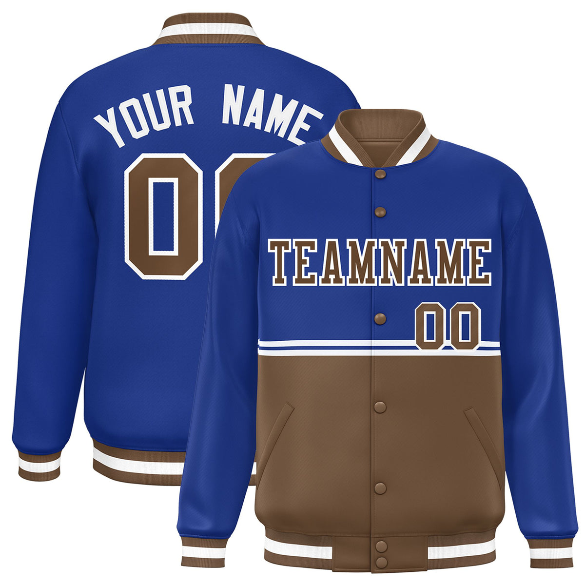 Custom Royal Blue-Brown-Royal Blue Varsity Full-Snap Letterman Color-Matching Split Fashion Jacket