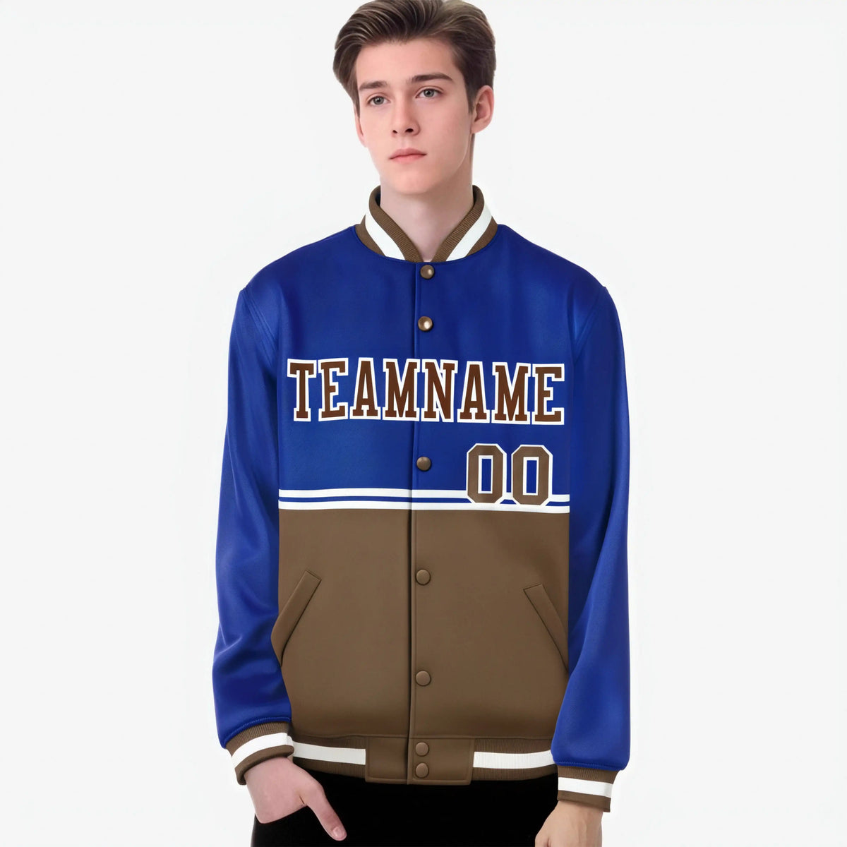 Custom Royal Blue-Brown-Royal Blue Varsity Full-Snap Letterman Color-Matching Split Fashion Jacket