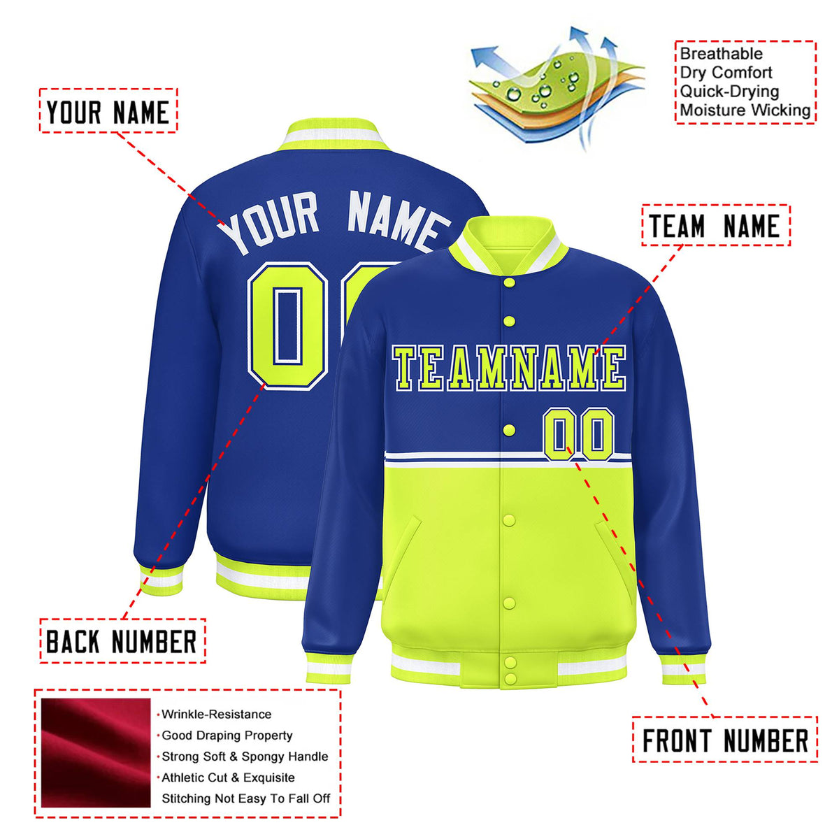 Custom Royal Blue-Fluorescent Green-Royal Blue Varsity Full-Snap Letterman Color-Matching Split Fashion Jacket